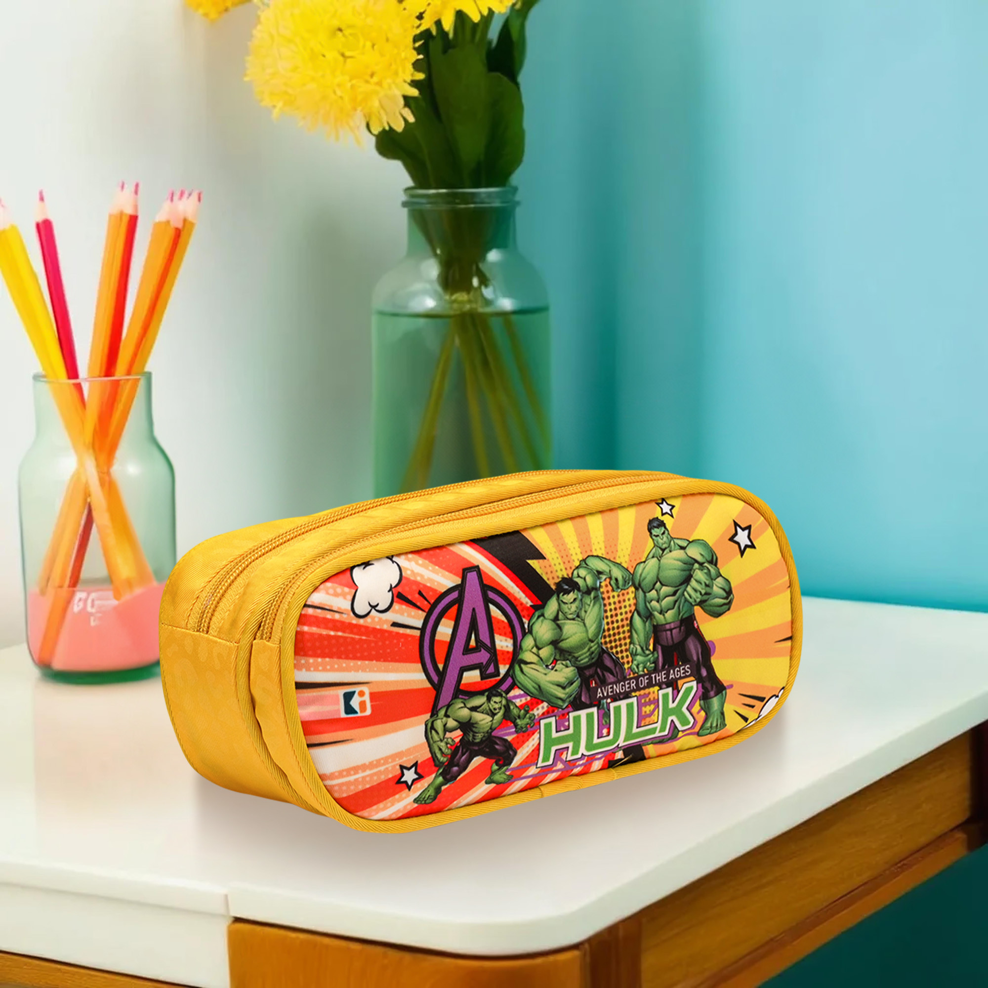 Kuber Industries Pencil Pouch  Multi-Purpose Travel Pouch  2 Compartments Utility Pouch  Waterproof Stationary Bag  Geometry Box  Marvel Hulk  Yellow