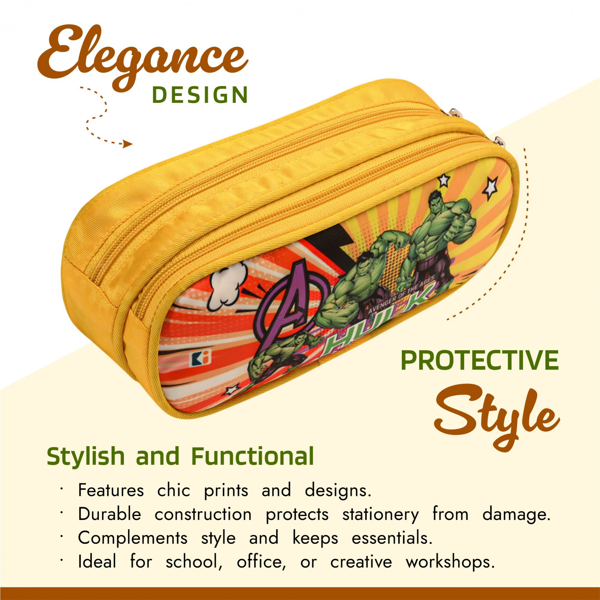 Kuber Industries Pencil Pouch  Multi-Purpose Travel Pouch  2 Compartments Utility Pouch  Waterproof Stationary Bag  Geometry Box  Marvel Hulk  Yellow