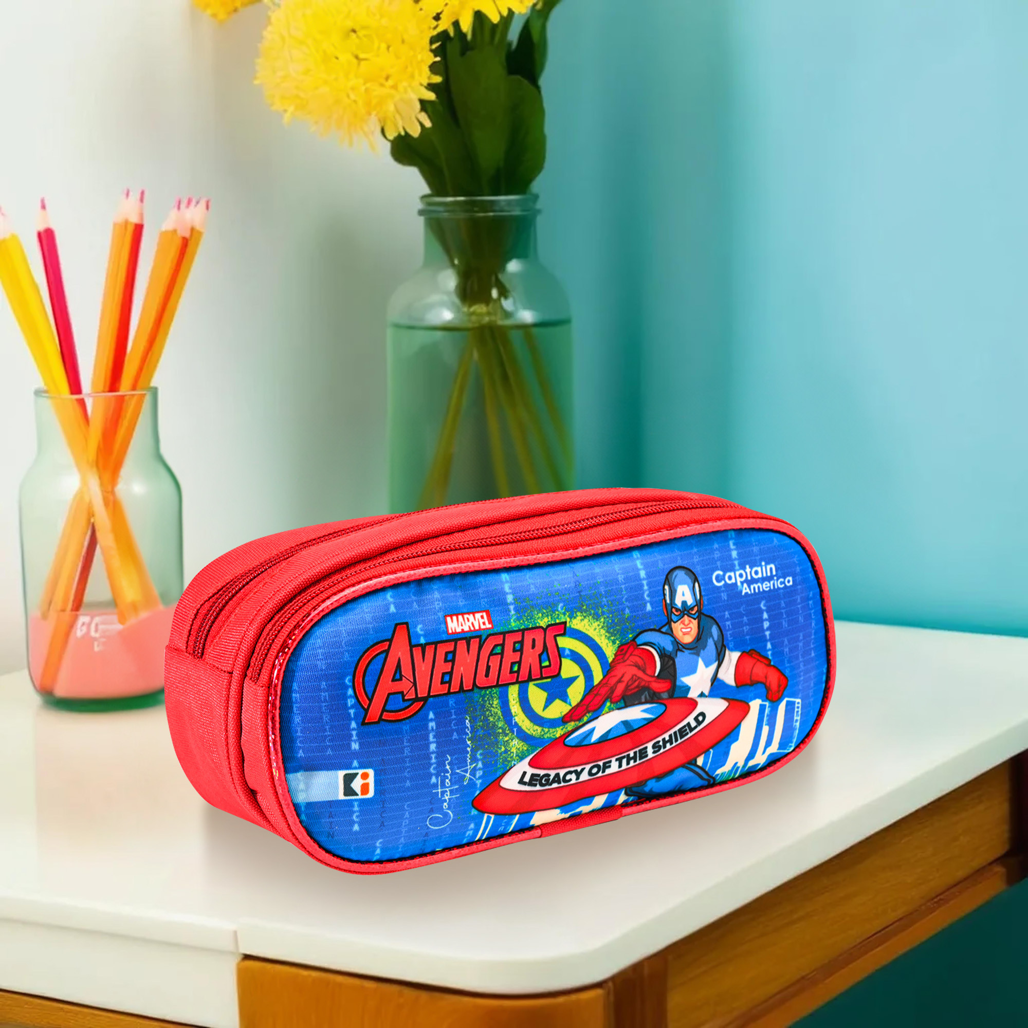 Kuber Industries Pencil Pouch  Multi-Purpose Travel Pouch  2 Compartments Utility Pouch  Waterproof Stationary Bag  Geometry Box  Marvel Captain America  Blue  Yellow