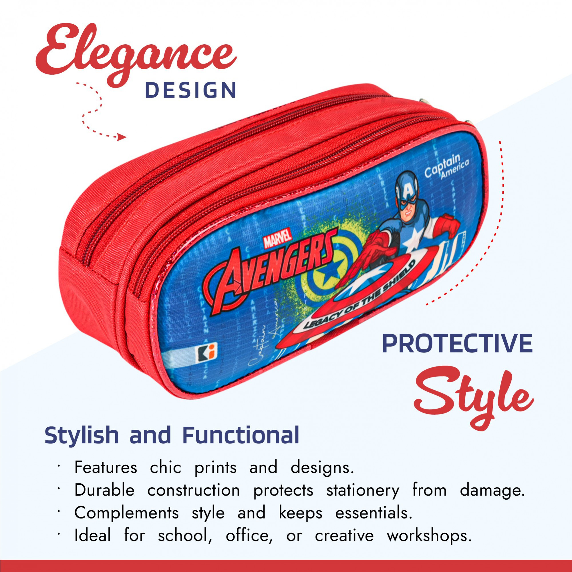 Kuber Industries Pencil Pouch  Multi-Purpose Travel Pouch  2 Compartments Utility Pouch  Waterproof Stationary Bag  Geometry Box  Marvel Captain America  Blue  Yellow