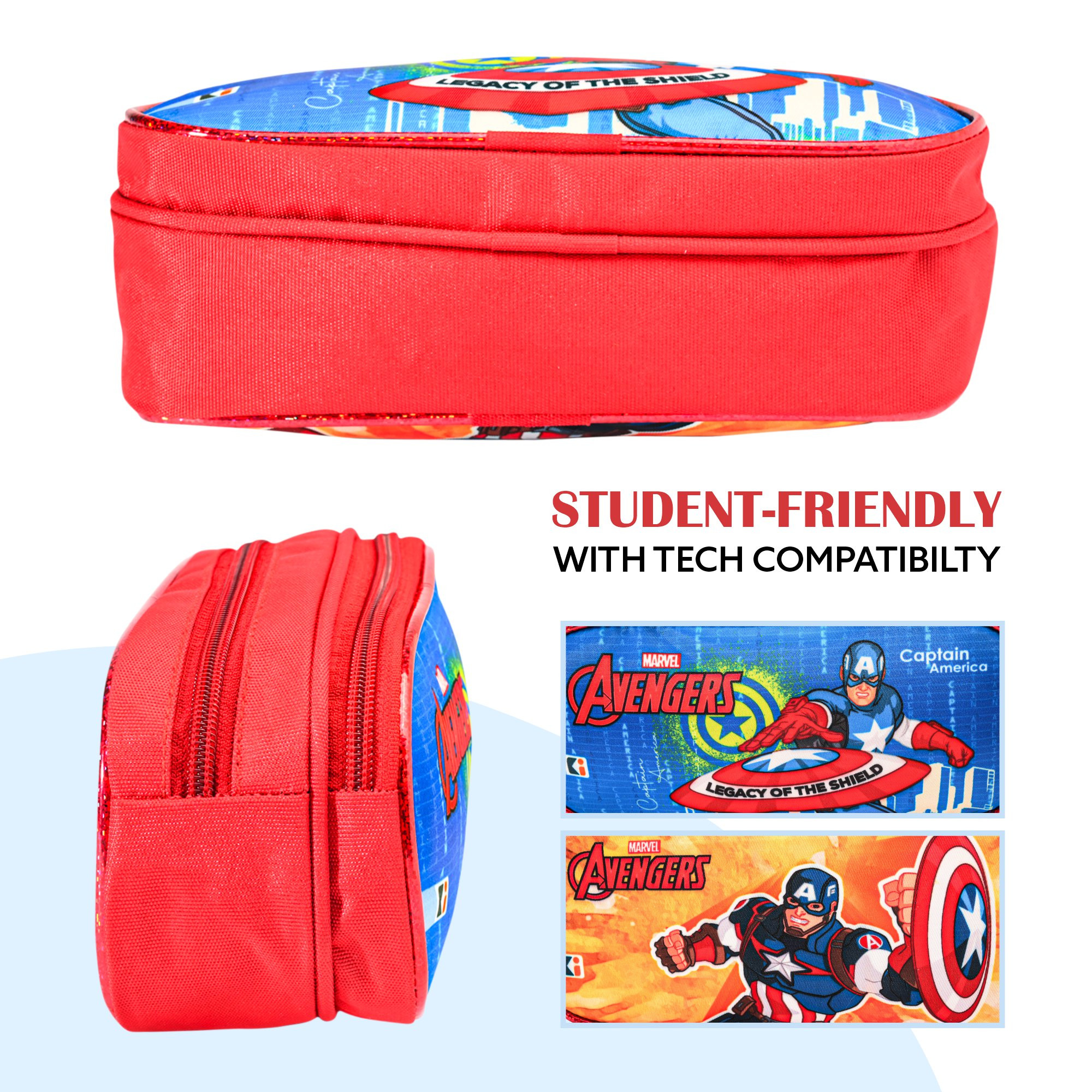 Kuber Industries Pencil Pouch  Multi-Purpose Travel Pouch  2 Compartments Utility Pouch  Waterproof Stationary Bag  Geometry Box  Marvel Captain America  Blue  Yellow