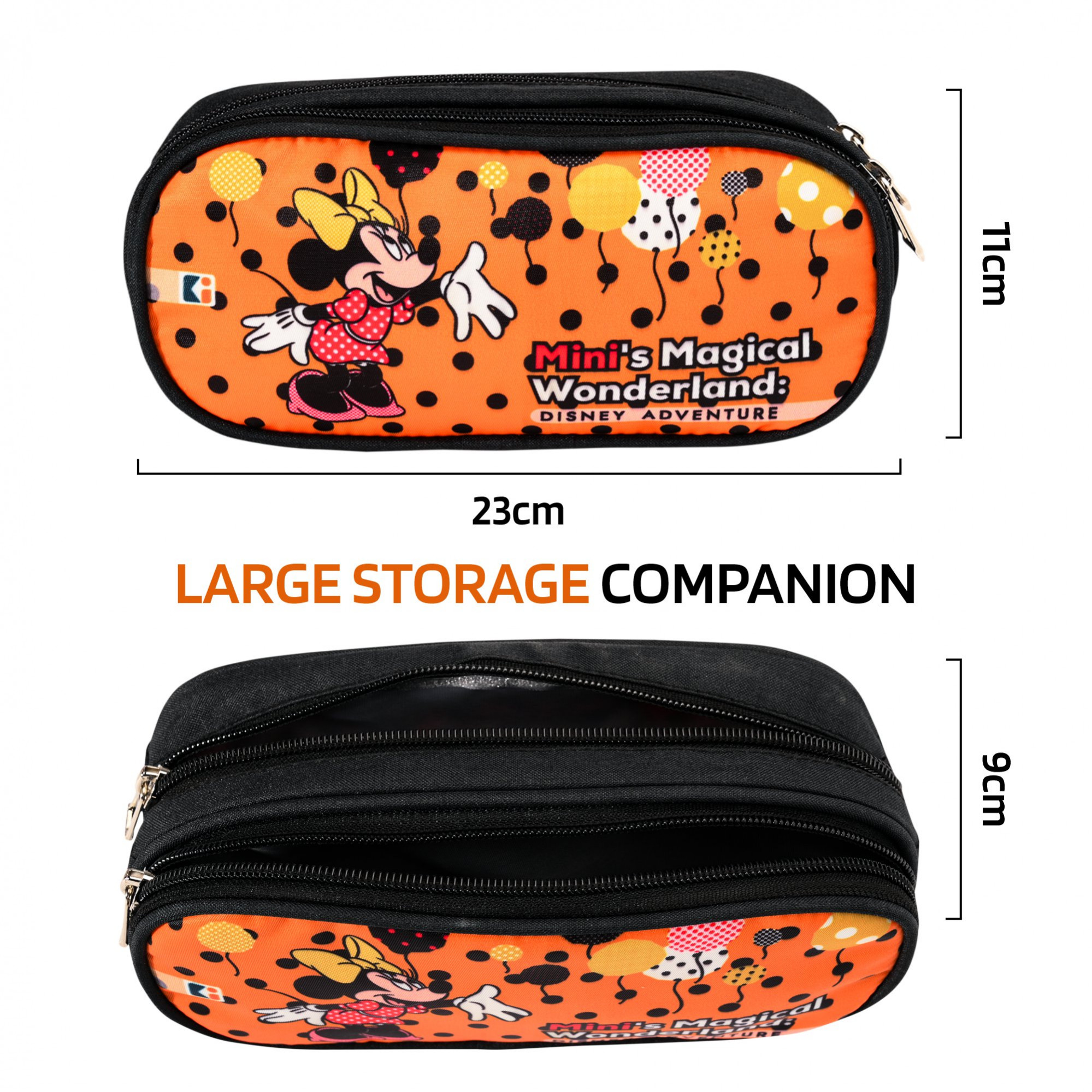 Kuber Industries Pencil Pouch | Multi-Purpose Travel Pouch | 2 Compartments Utility Pouch | Waterproof Stationary Bag | Geometry Box | Disney Minnie Magic | Orange & Green