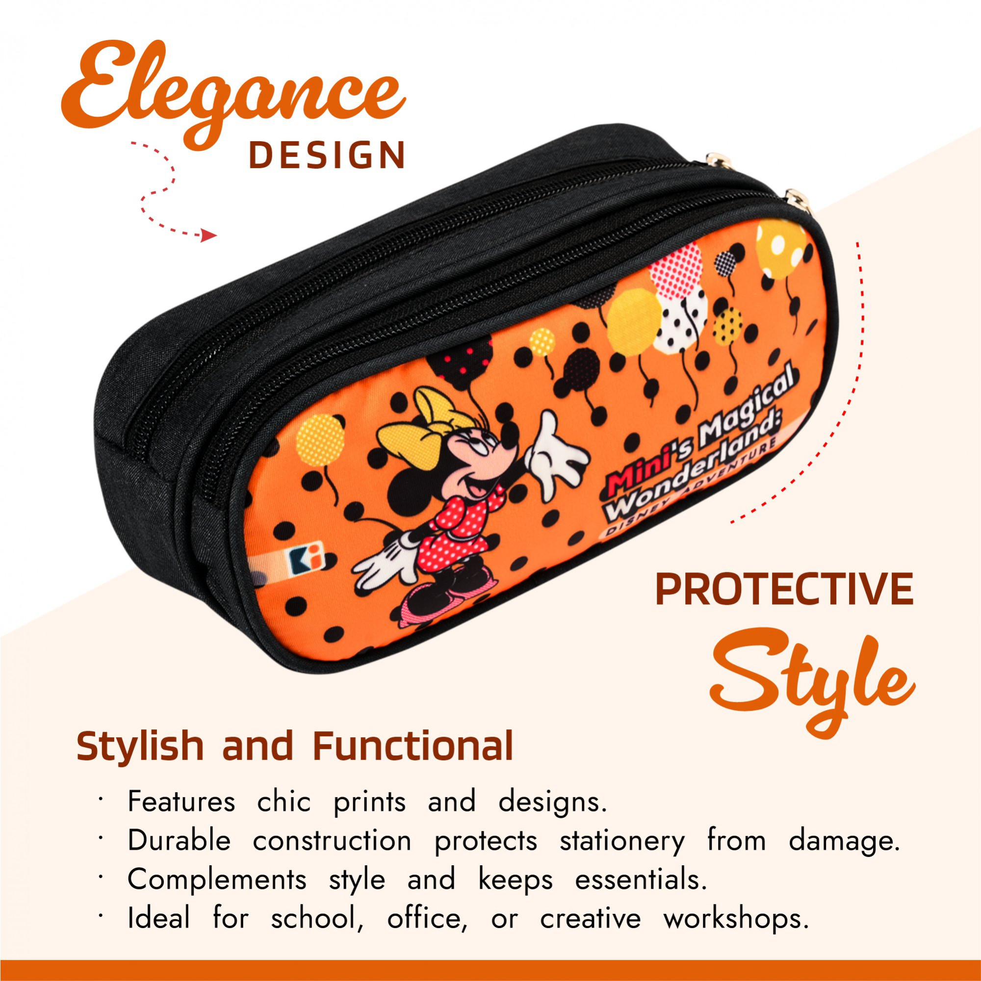 Kuber Industries Pencil Pouch | Multi-Purpose Travel Pouch | 2 Compartments Utility Pouch | Waterproof Stationary Bag | Geometry Box | Disney Minnie Magic | Orange & Green