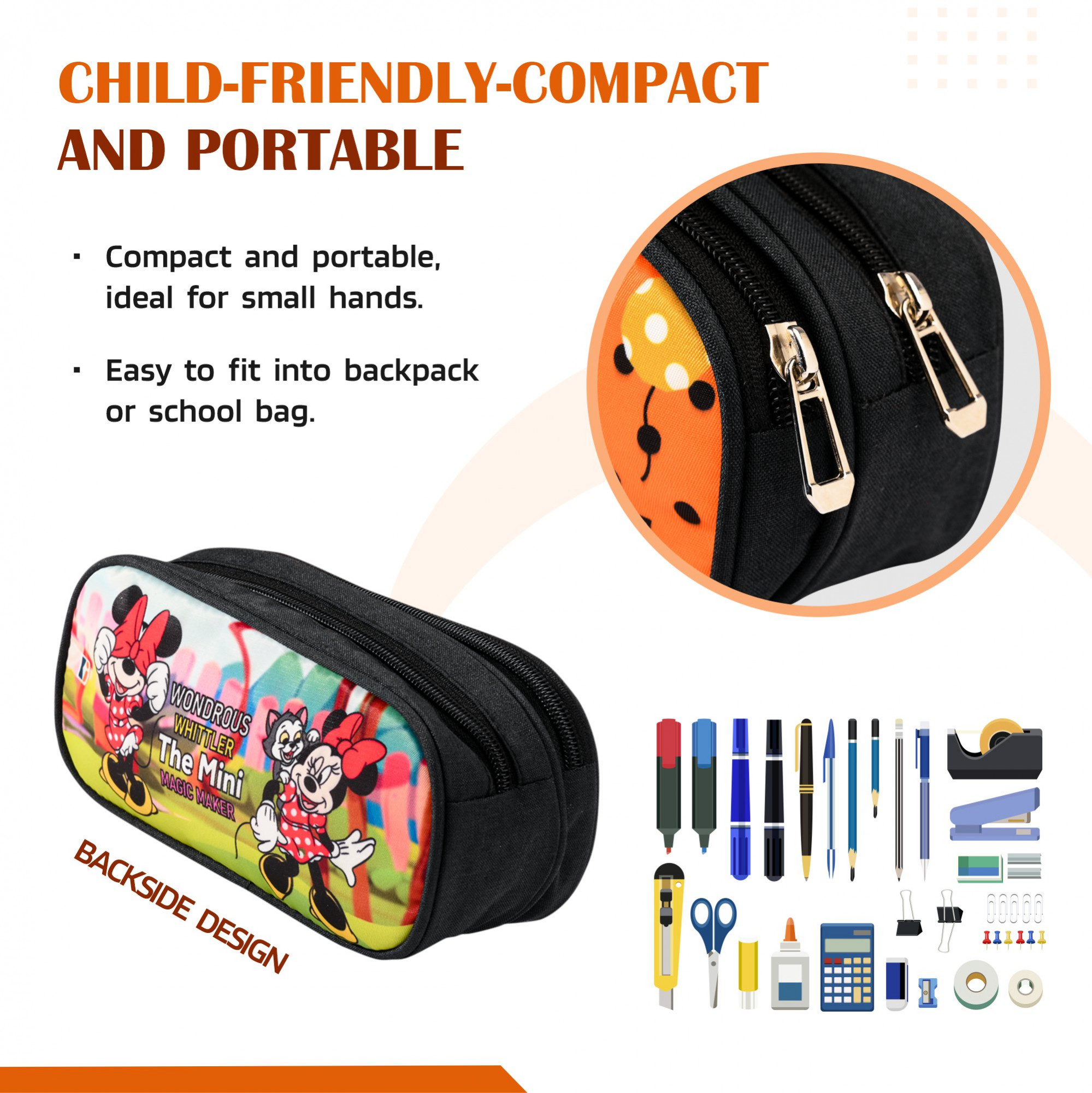 Kuber Industries Pencil Pouch | Multi-Purpose Travel Pouch | 2 Compartments Utility Pouch | Waterproof Stationary Bag | Geometry Box | Disney Minnie Magic | Orange & Green