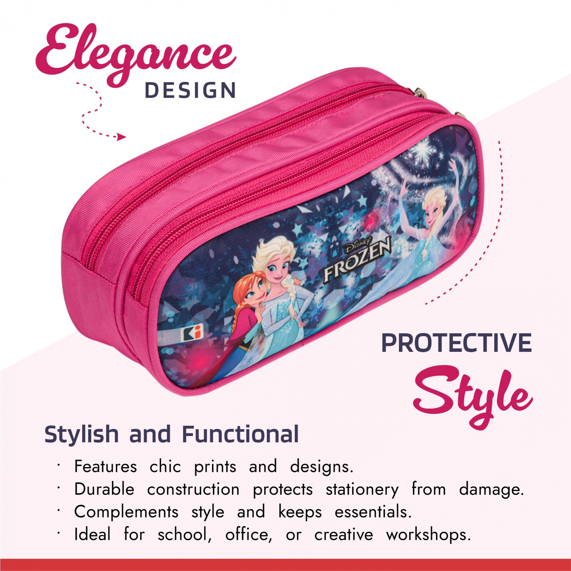 Kuber Industries Pencil Pouch | Multi-Purpose Travel Pouch | 2 Compartments Utility Pouch | Waterproof Stationary Bag | Geometry Box | Disney Frozen Fun | Blue & Pink