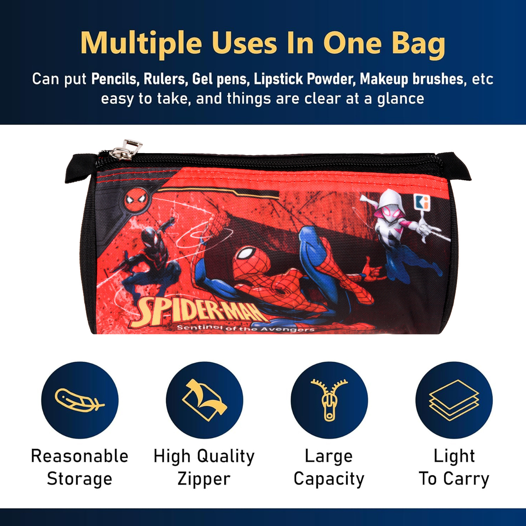 Kuber Industries Pencil Pouch  Multi-Purpose Travel Pouch  Kids Stationary Storage Bag  Pencil Utility School Pouches  Geometry Box  Marvel Spider-Man  Large  Red  Black