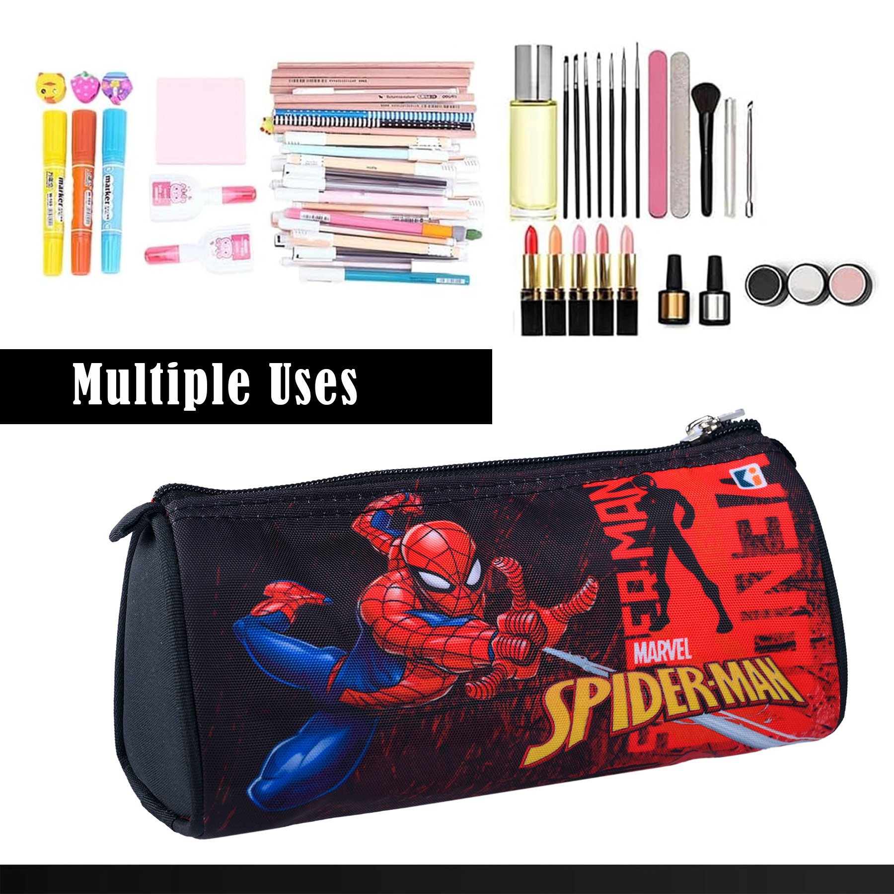 Kuber Industries Pencil Pouch  Multi-Purpose Travel Pouch  Kids Stationary Storage Bag  Pencil Utility School Pouches  Geometry Box  Marvel Spider-Man  Large  Red  Black