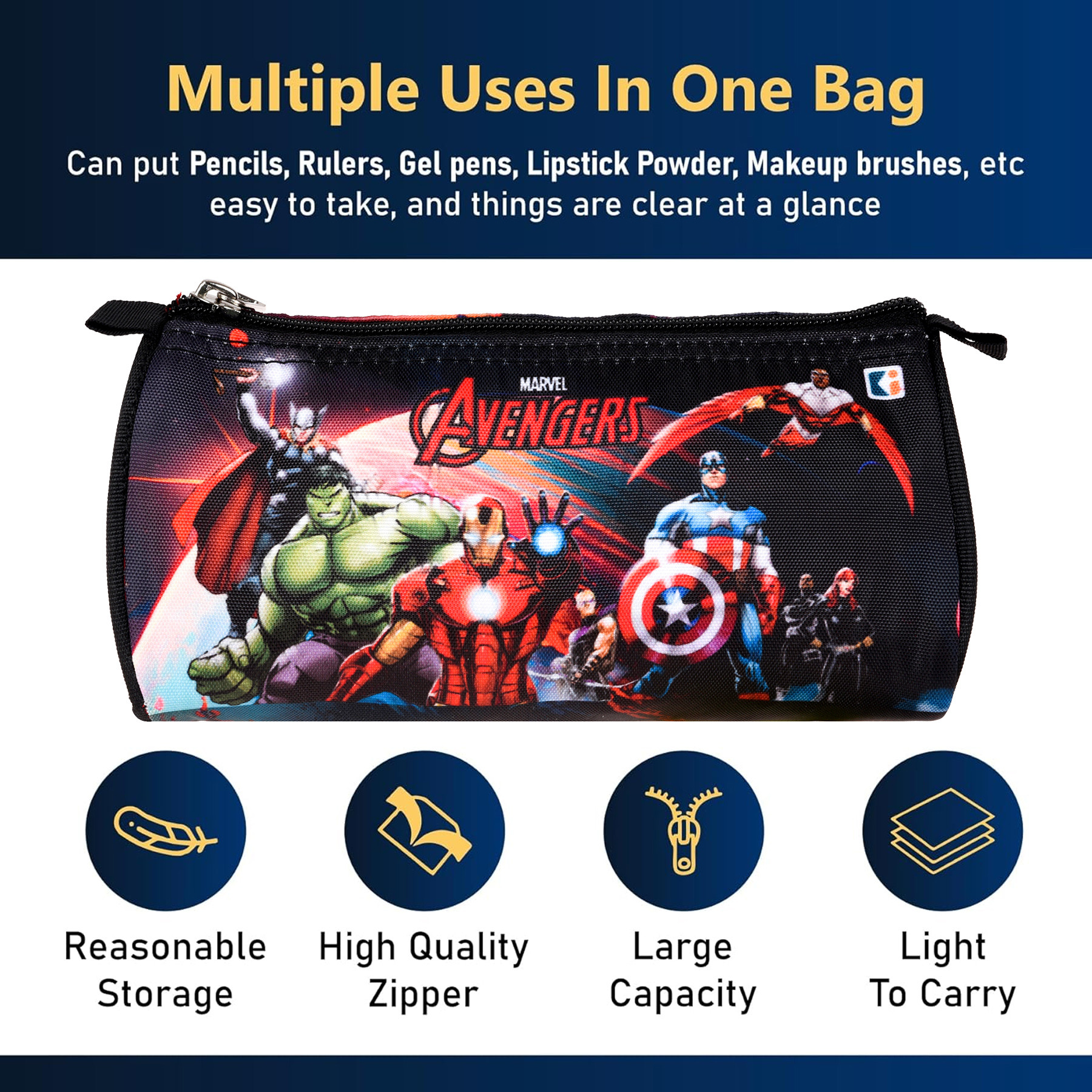 Kuber Industries Pencil Pouch  Multi-Purpose Travel Pouch  Kids Stationary Storage Bag  Pencil Utility School Pouches  Geometry Box  Marvel Avengers  Large  Black