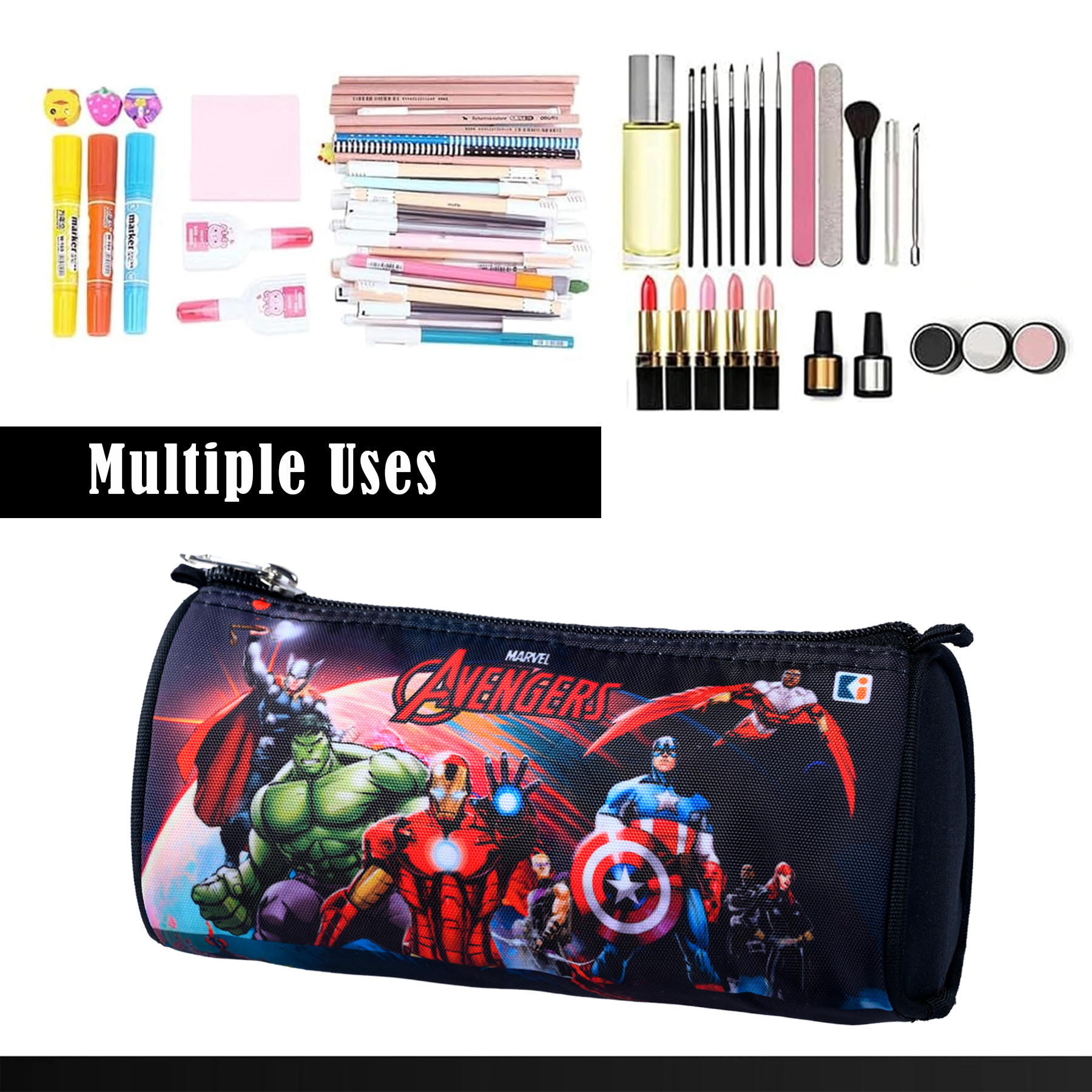 Kuber Industries Pencil Pouch  Multi-Purpose Travel Pouch  Kids Stationary Storage Bag  Pencil Utility School Pouches  Geometry Box  Marvel Avengers  Large  Black