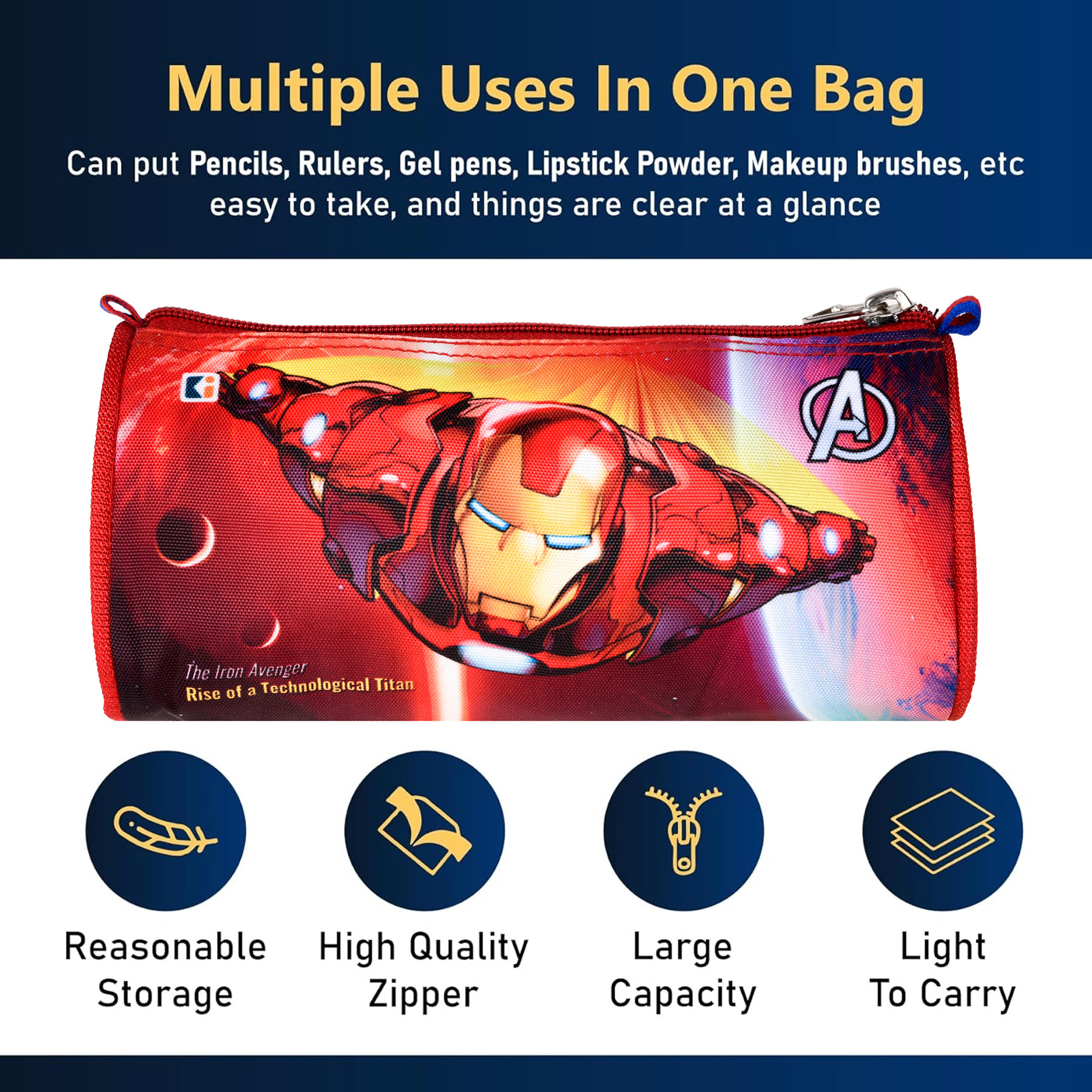 Kuber Industries Pencil Pouch  Multi-Purpose Travel Pouch  Kids Stationary Storage Bag  Pencil Utility School Pouches  Geometry Box  Marvel Iron-Man  Large  Red  Black