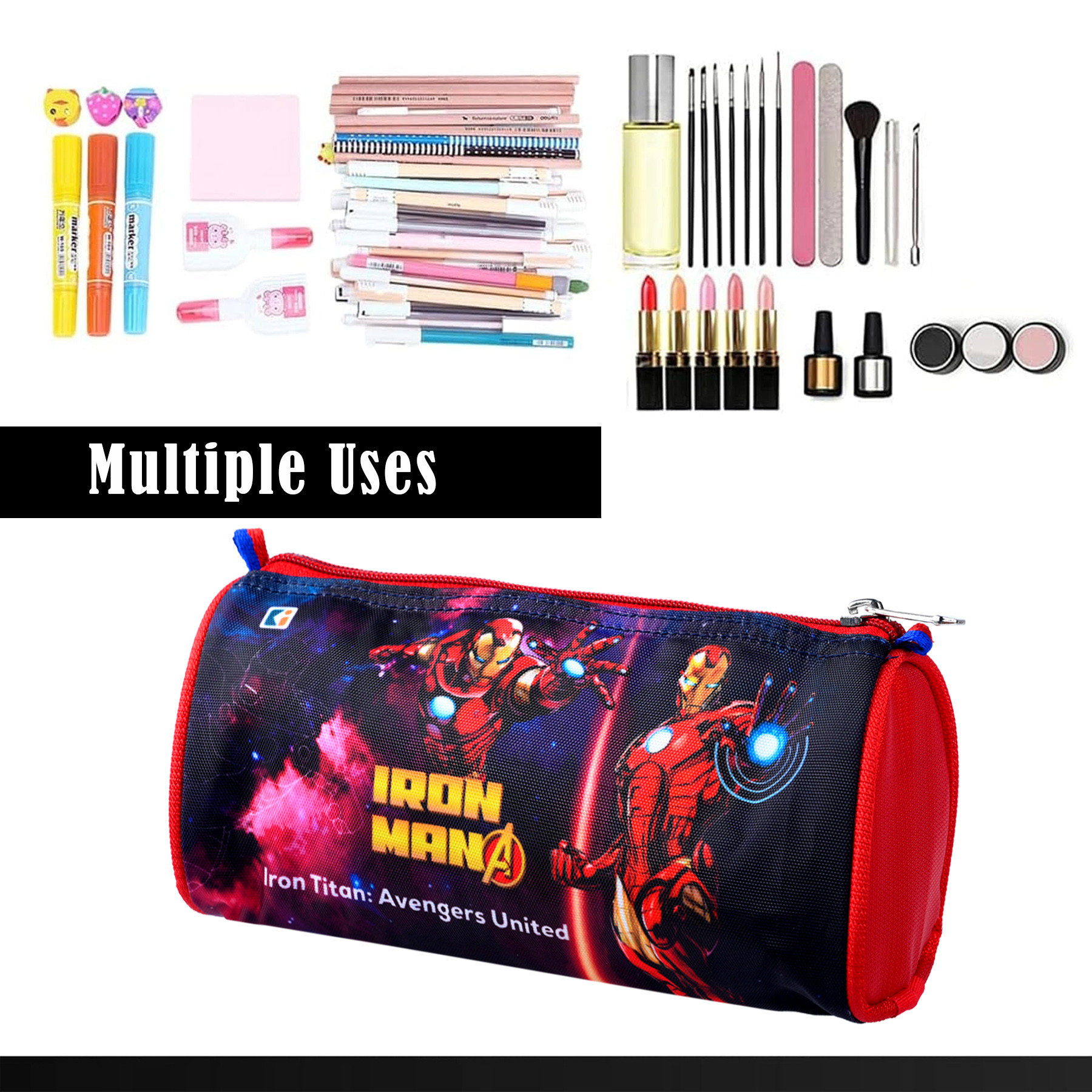 Kuber Industries Pencil Pouch  Multi-Purpose Travel Pouch  Kids Stationary Storage Bag  Pencil Utility School Pouches  Geometry Box  Marvel Iron-Man  Large  Red  Black