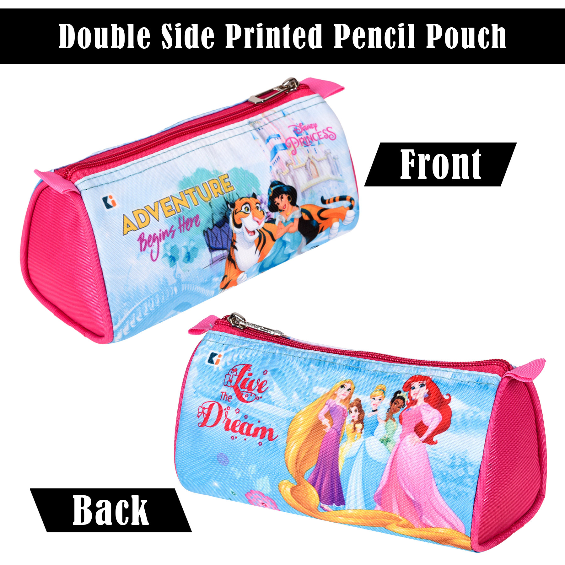 Kuber Industries Pencil Pouch  Multi-Purpose Travel Pouch  Kids Stationary Storage Bag  Pencil Utility School Pouches  Geometry Box  Disney Princess  Large  Pink  Blue