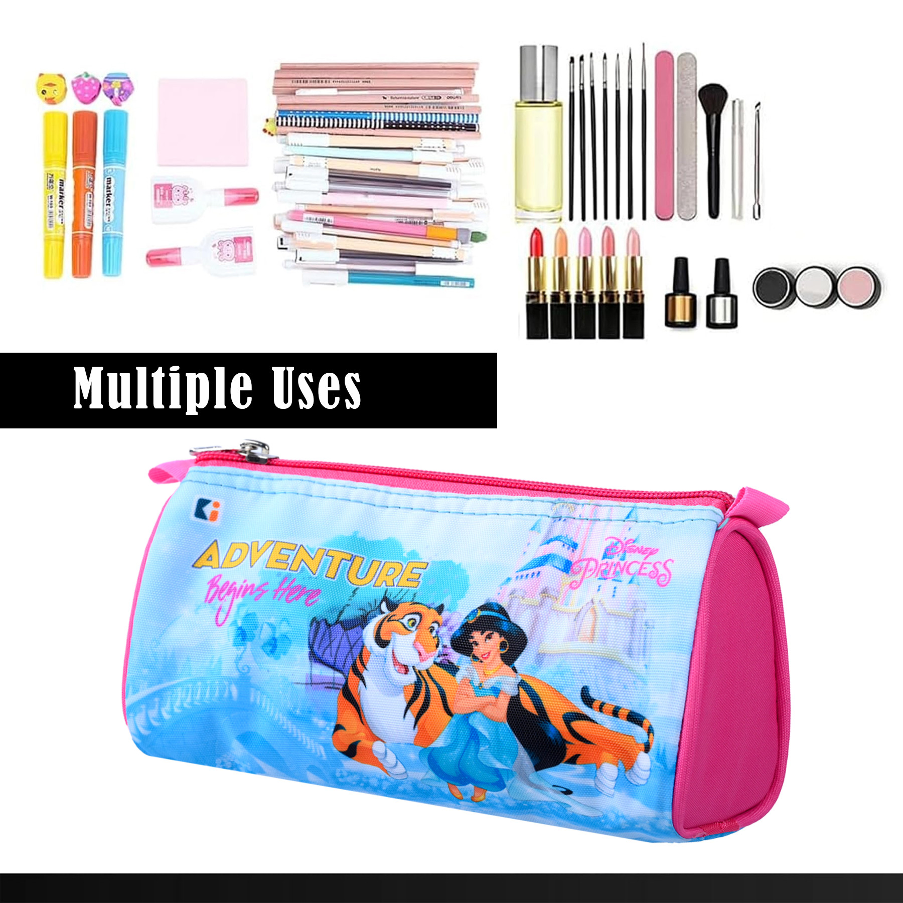 Kuber Industries Pencil Pouch  Multi-Purpose Travel Pouch  Kids Stationary Storage Bag  Pencil Utility School Pouches  Geometry Box  Disney Princess  Large  Pink  Blue