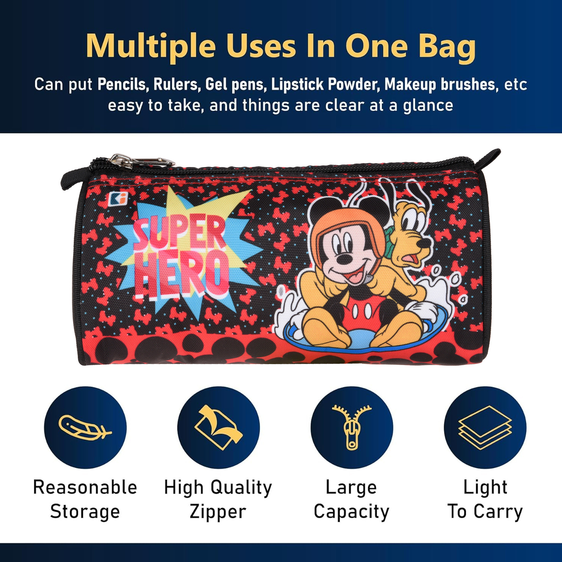 Kuber Industries Pencil Pouch  Multi-Purpose Travel Pouch  Kids Stationary Storage Bag  Pencil Utility School Pouches  Geometry Box  Disney Mickey  Large  Black