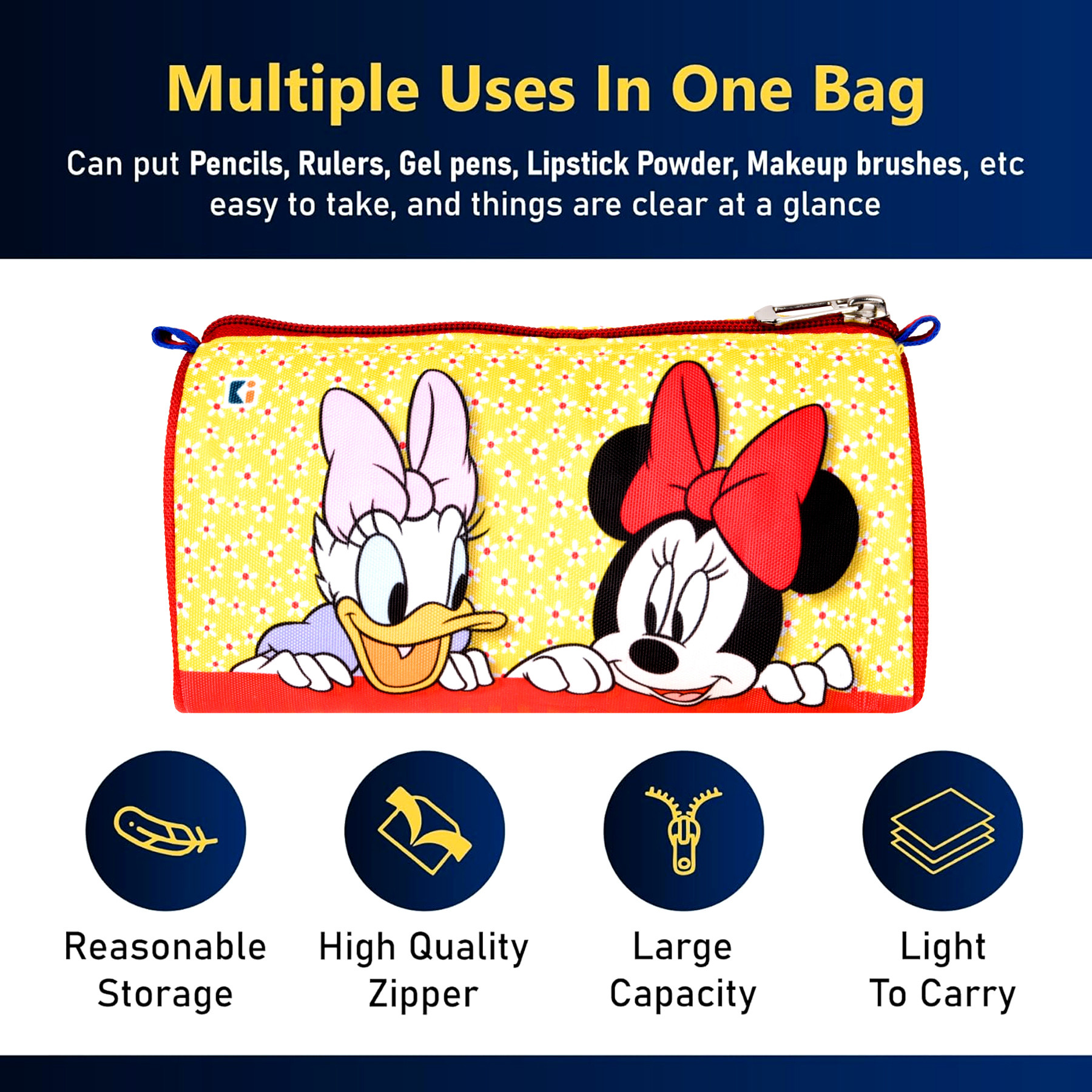 Kuber Industries Pencil Pouch  Multi-Purpose Travel Pouch  Kids Stationary Storage Bag  Pencil Utility School Pouches  Geometry Box  Disney Mickey Dots  Large  Yellow