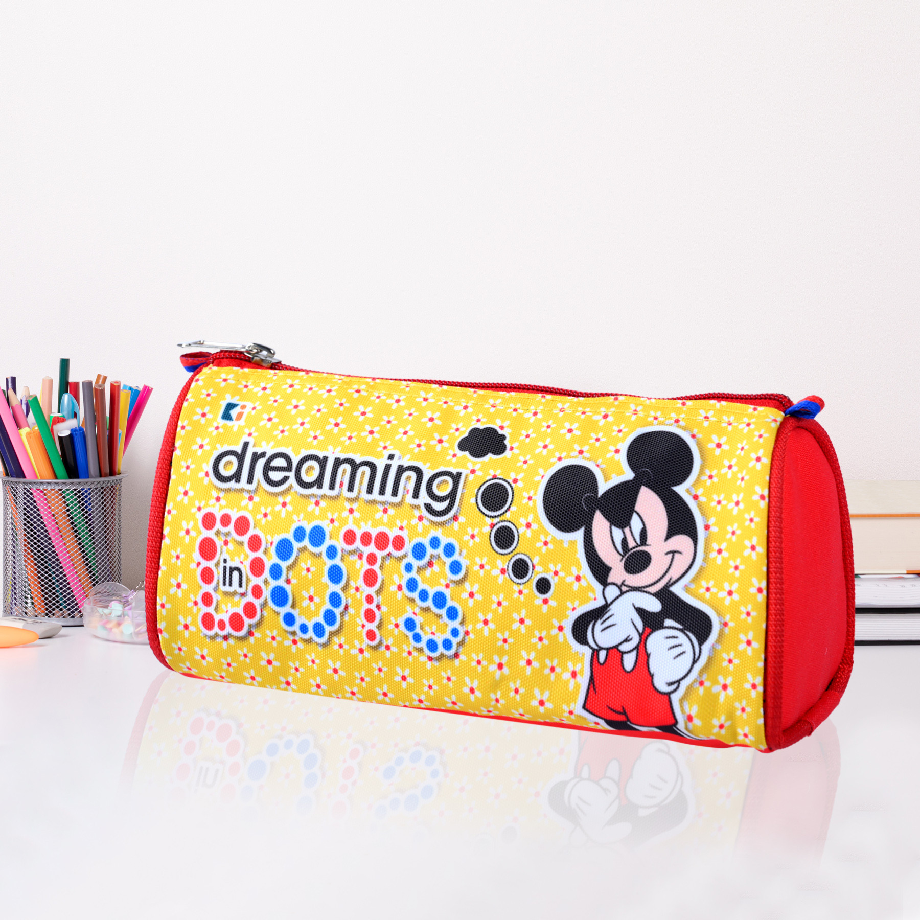 Kuber Industries Pencil Pouch | Multi-Purpose Travel Pouch | Kids Stationary Storage Bag | Pencil Utility School Pouches | Geometry Box | Disney Mickey Dots | Large | Yellow