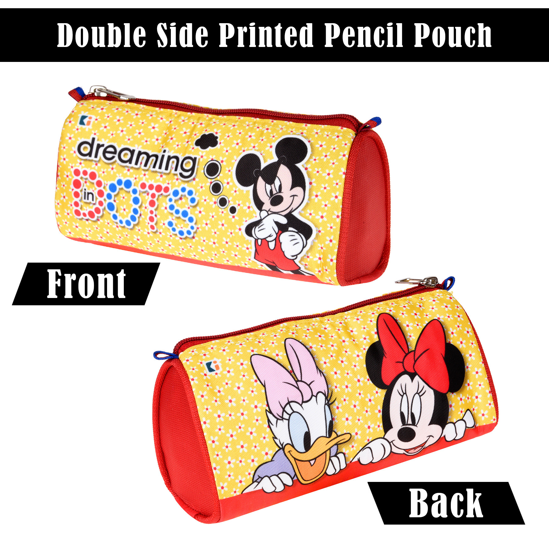Kuber Industries Pencil Pouch | Multi-Purpose Travel Pouch | Kids Stationary Storage Bag | Pencil Utility School Pouches | Geometry Box | Disney Mickey Dots | Large | Yellow