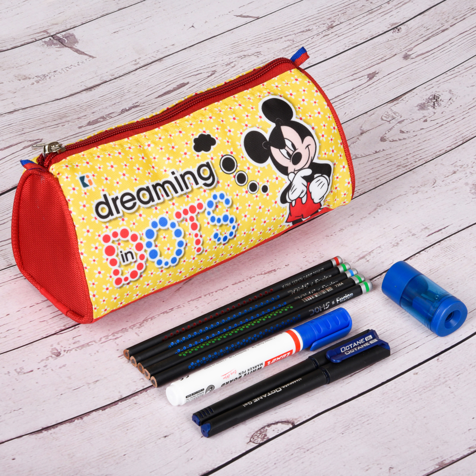 Kuber Industries Pencil Pouch | Multi-Purpose Travel Pouch | Kids Stationary Storage Bag | Pencil Utility School Pouches | Geometry Box | Disney Mickey Dots | Large | Yellow