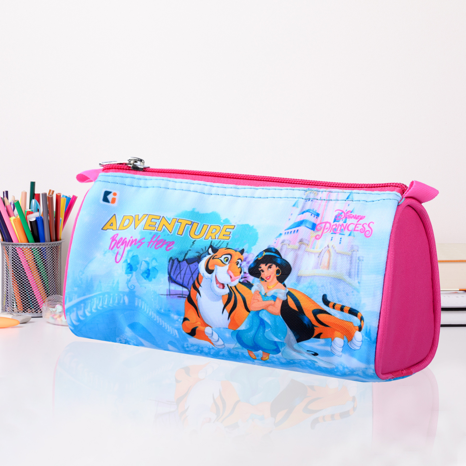 Kuber Industries Pencil Pouch | Multi-Purpose Travel Pouch | Kids Stationary Storage Bag | Pencil Utility School Pouches | Geometry Box | Disney Princess | Large | Pink & Blue