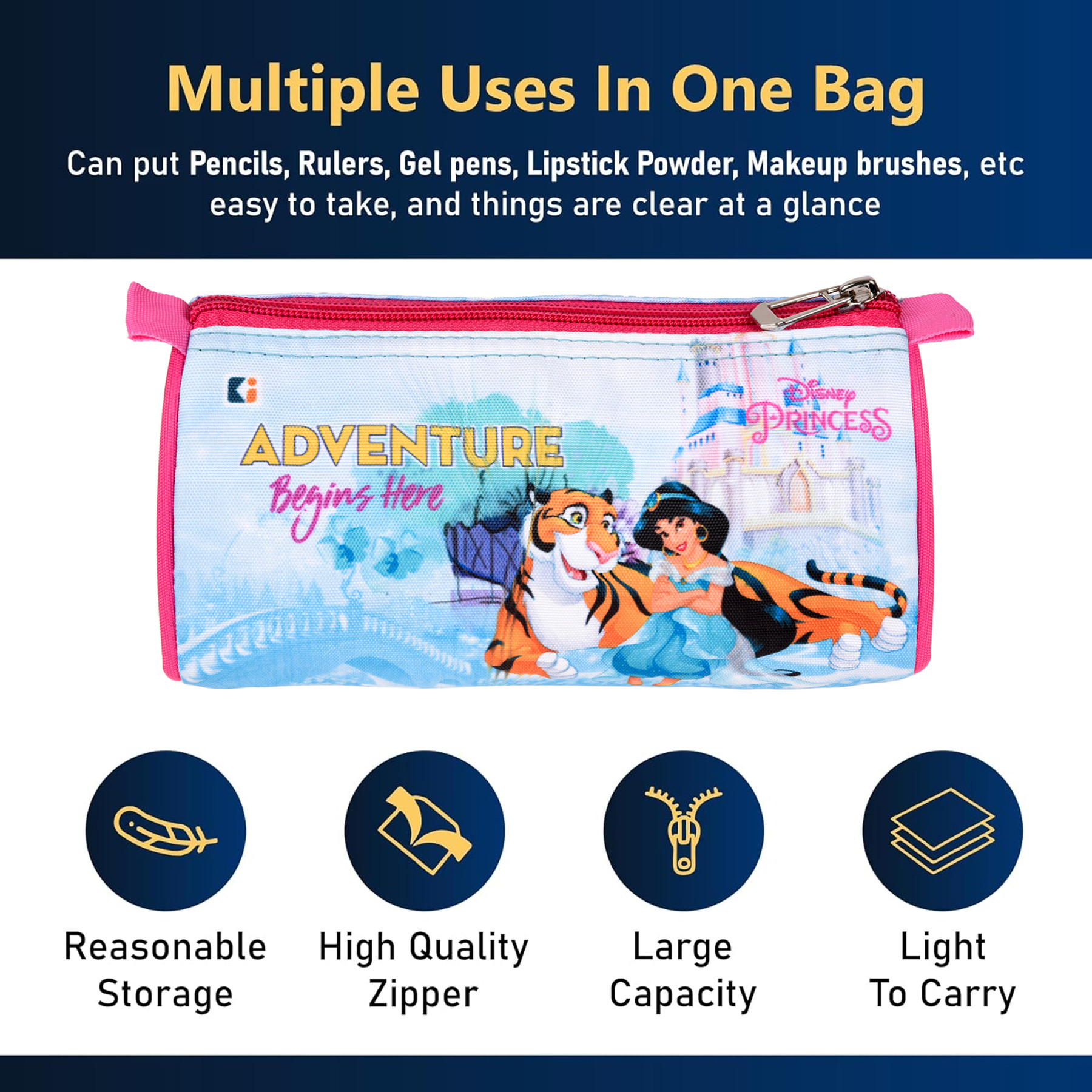 Kuber Industries Pencil Pouch | Multi-Purpose Travel Pouch | Kids Stationary Storage Bag | Pencil Utility School Pouches | Geometry Box | Disney Princess | Large | Pink & Blue