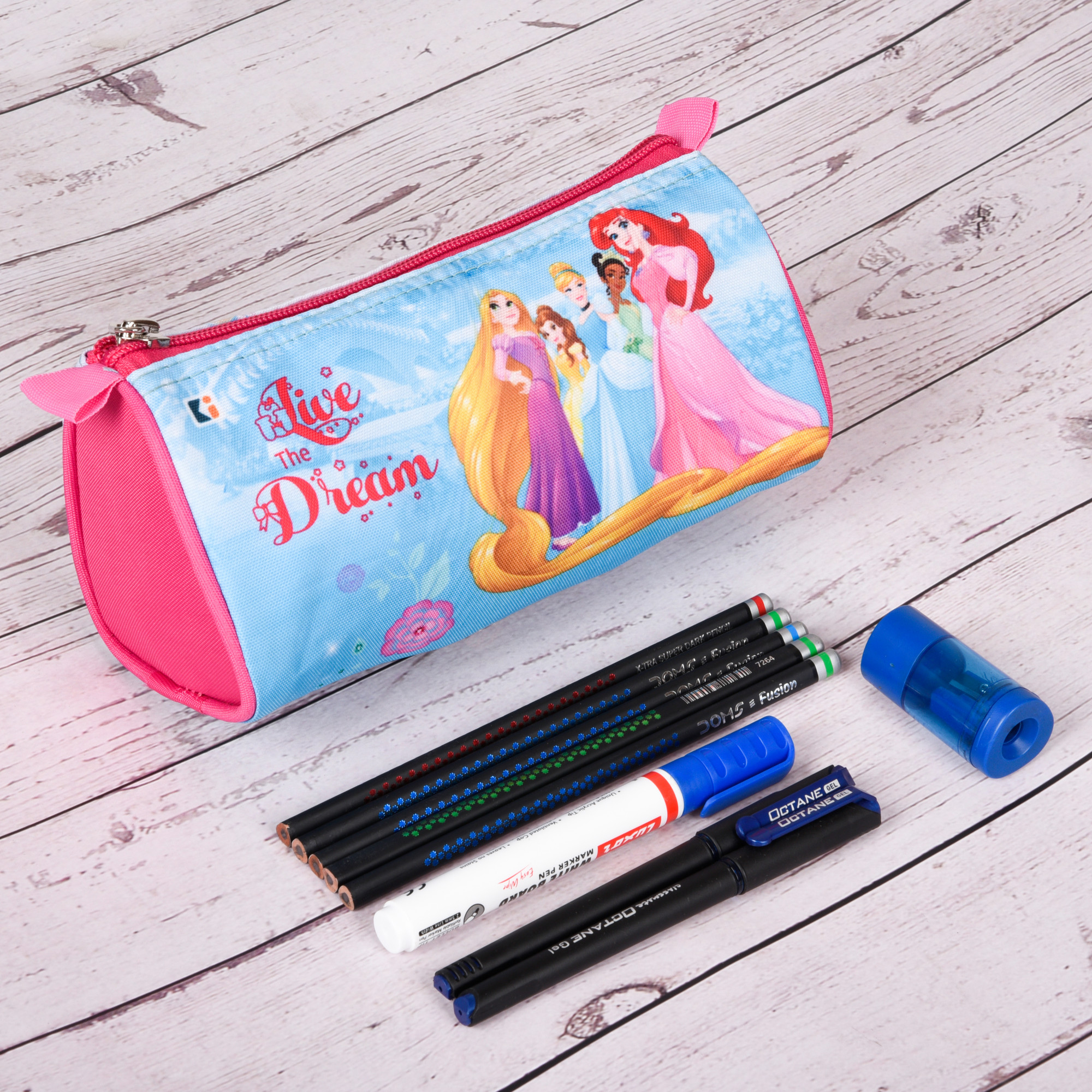 Kuber Industries Pencil Pouch | Multi-Purpose Travel Pouch | Kids Stationary Storage Bag | Pencil Utility School Pouches | Geometry Box | Disney Princess | Large | Pink & Blue