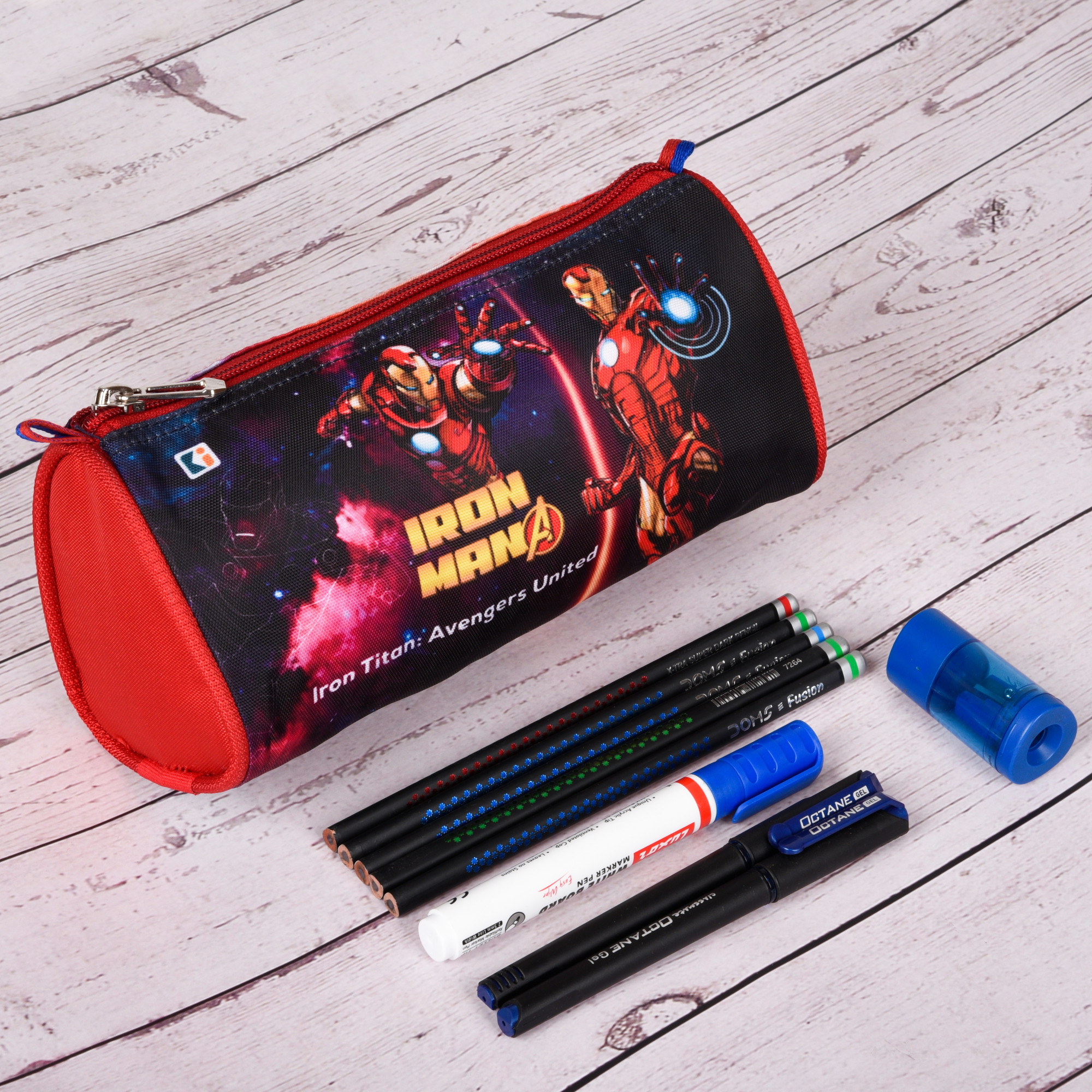 Kuber Industries Pencil Pouch | Multi-Purpose Travel Pouch | Kids Stationary Storage Bag | Pencil Utility School Pouches | Geometry Box | Marvel Iron-Man | Large | Red & Black