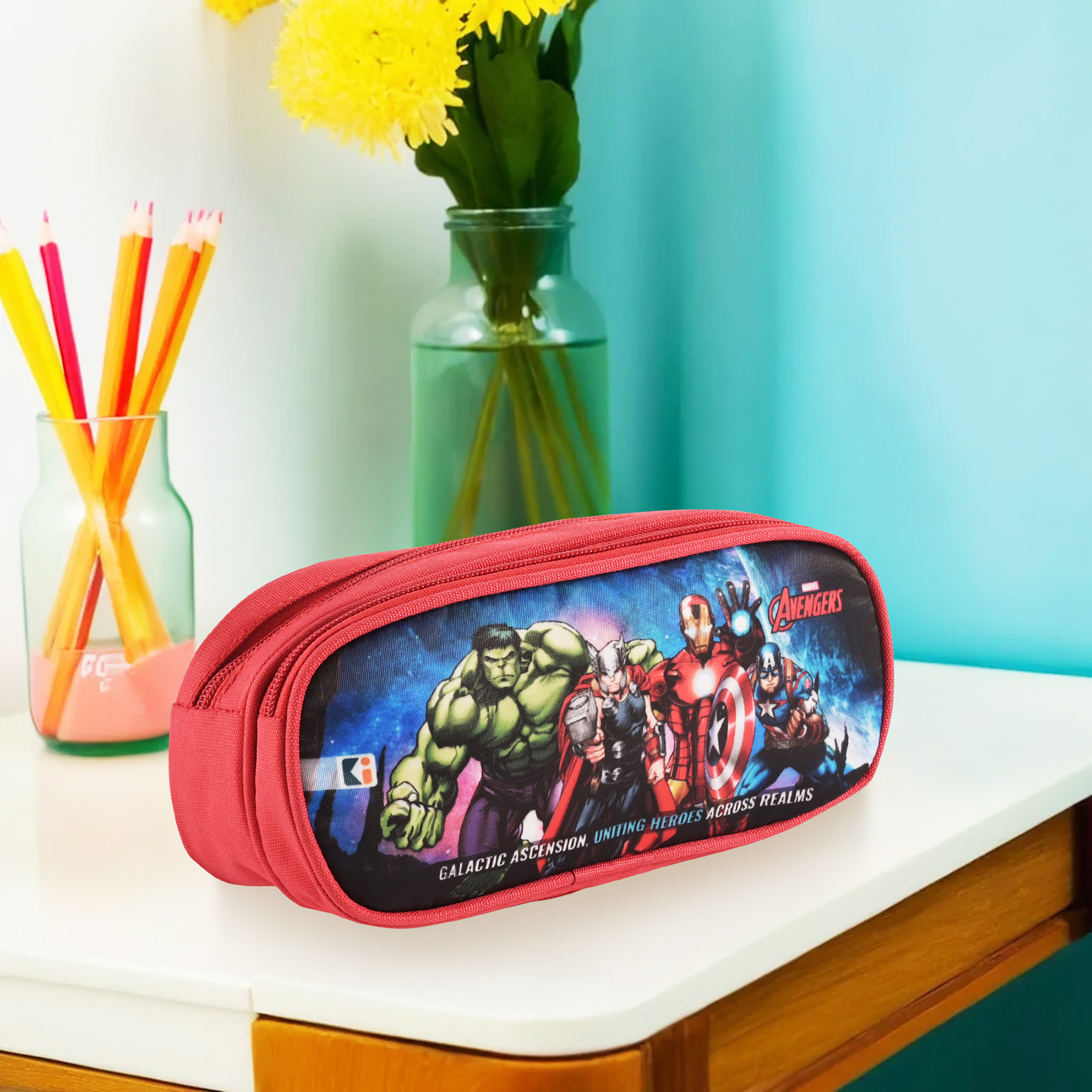 Kuber Industries Pencil Pouch  Multi-Purpose Travel Pouch  Multi Utility Stationery Pouch  2 Compartments Geometry Box  Lightweight Storage Pouch  Marvel Avengers  Red