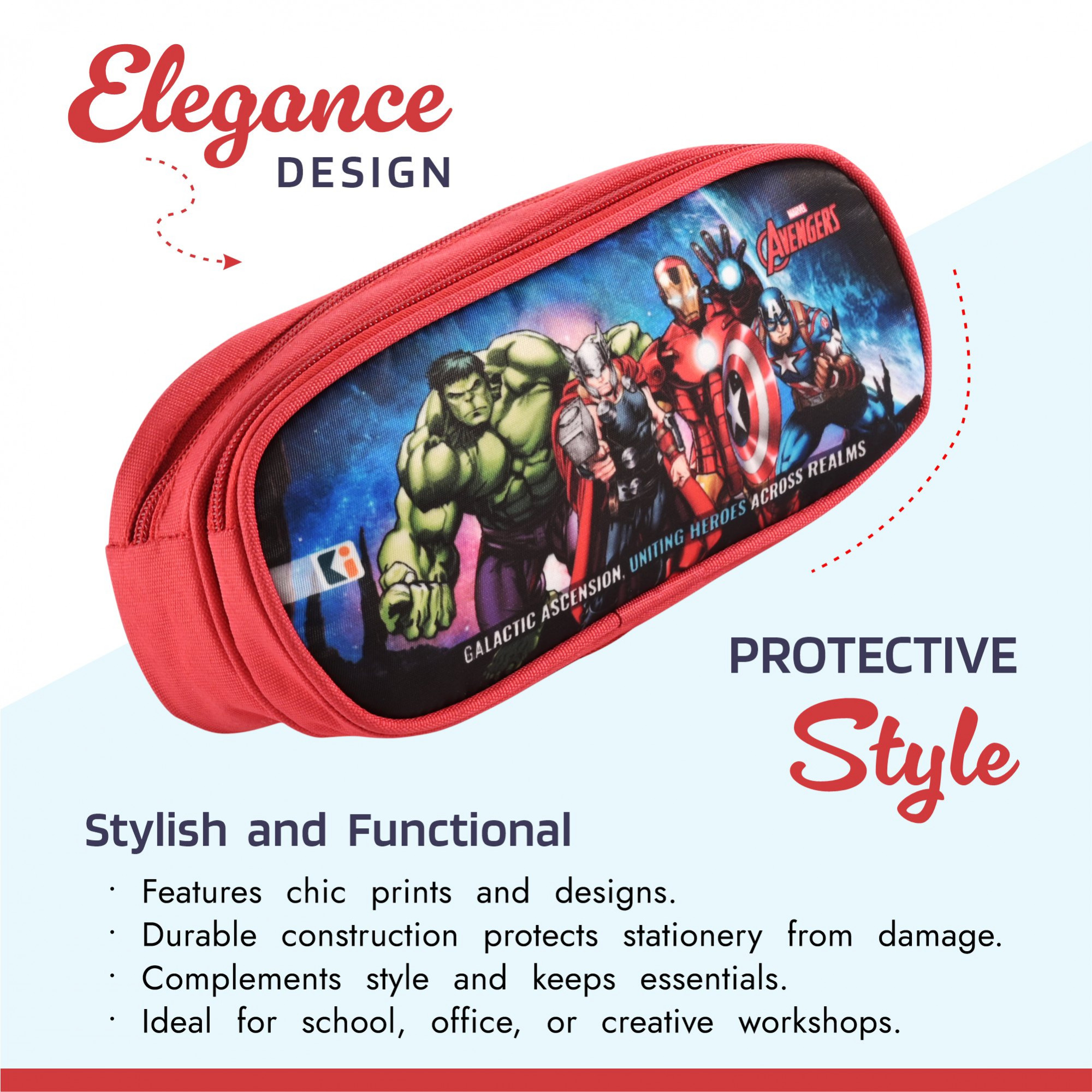 Kuber Industries Pencil Pouch  Multi-Purpose Travel Pouch  Multi Utility Stationery Pouch  2 Compartments Geometry Box  Lightweight Storage Pouch  Marvel Avengers  Red