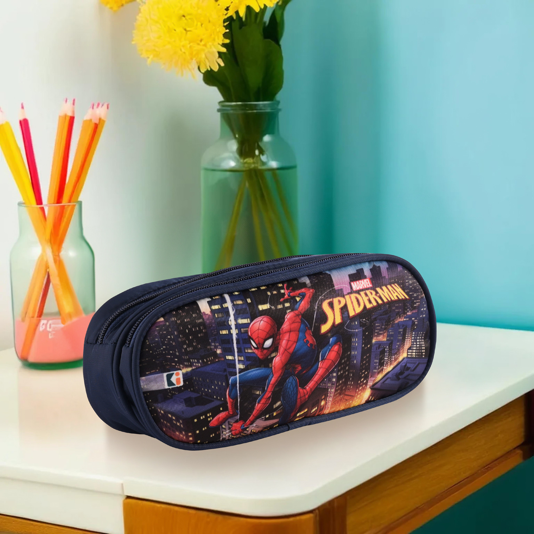 Kuber Industries Pencil Pouch  Multi-Purpose Travel Pouch  Multi Utility Stationery Pouch  2 Compartments Geometry Box  Lightweight Storage Pouch  Marvel Spider-Man City of Heros  Blue