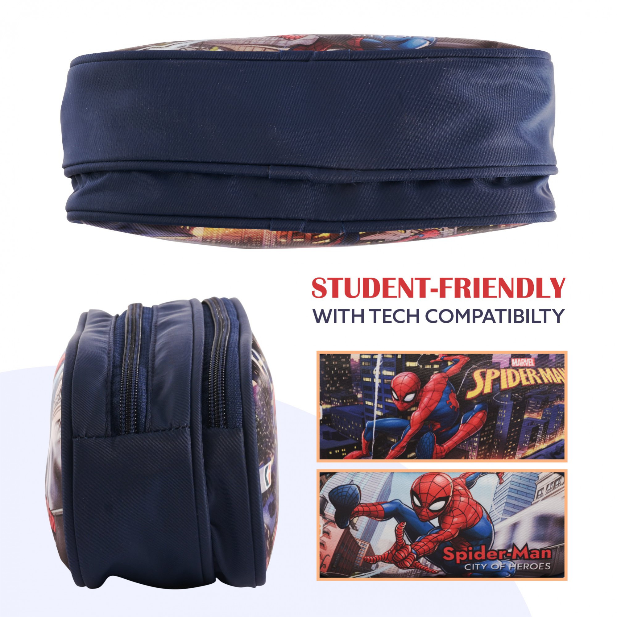 Kuber Industries Pencil Pouch  Multi-Purpose Travel Pouch  Multi Utility Stationery Pouch  2 Compartments Geometry Box  Lightweight Storage Pouch  Marvel Spider-Man City of Heros  Blue