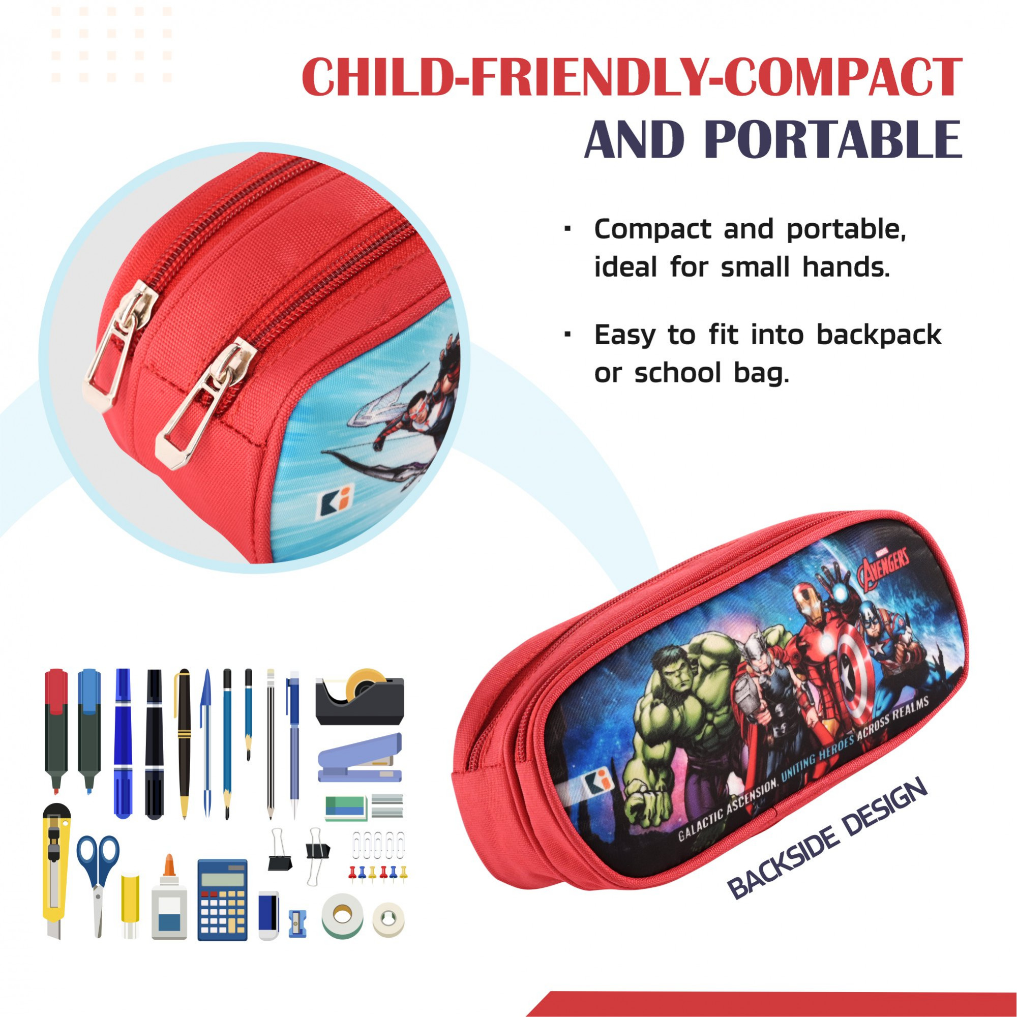 Kuber Industries Pencil Pouch  Multi-Purpose Travel Pouch  Multi Utility Stationery Pouch  2 Compartments Geometry Box  Lightweight Storage Pouch  Marvel Avengers  Red