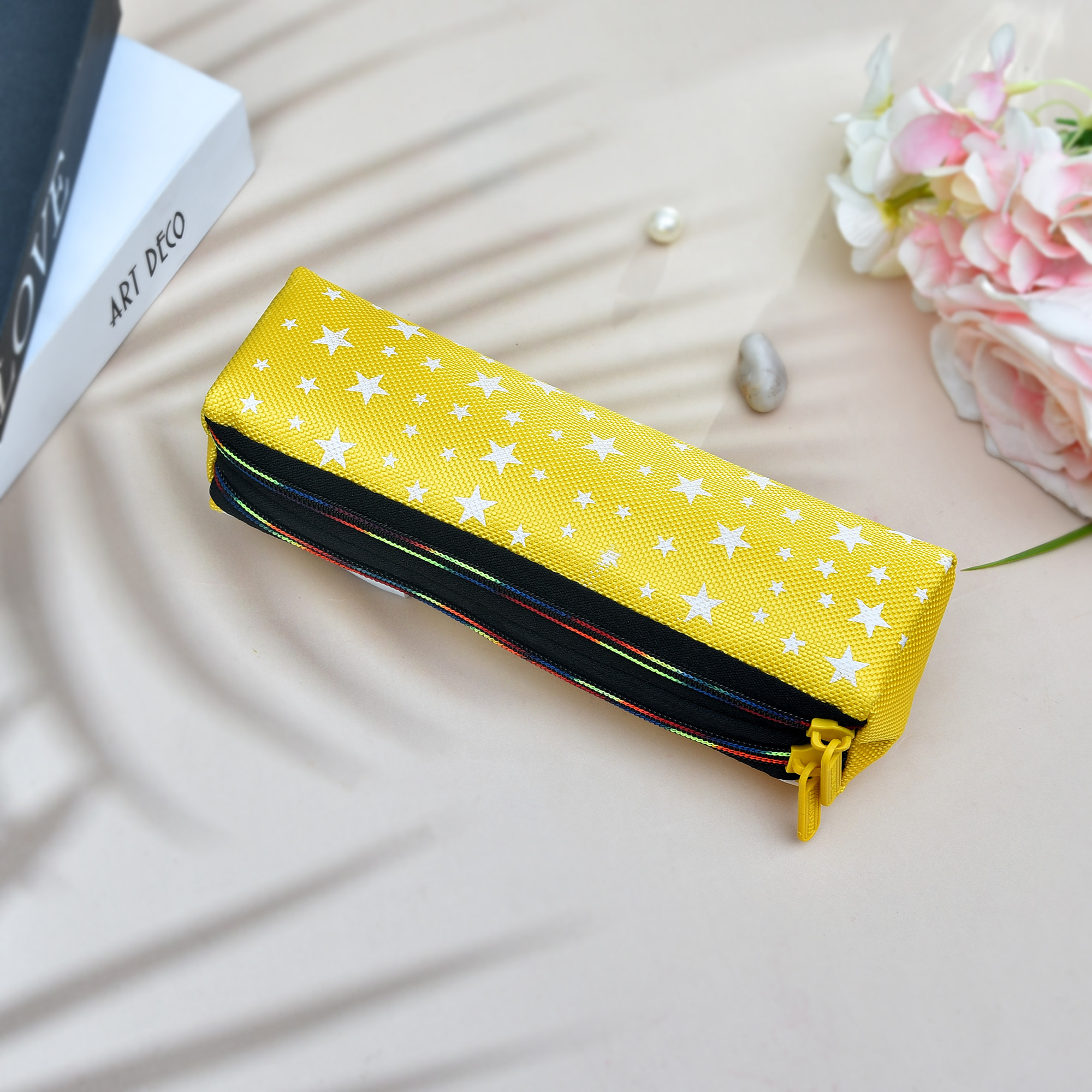 Kuber Industries Pencil Pouch  Rexine Stationary Pouch  Pencil Utility Pouch  School Pencil Case for Kids  Pen-Pencil Box for Kids  2 Zipper Pencil Organizer  Star Pencil Pouch  Pack of 2  Yellow