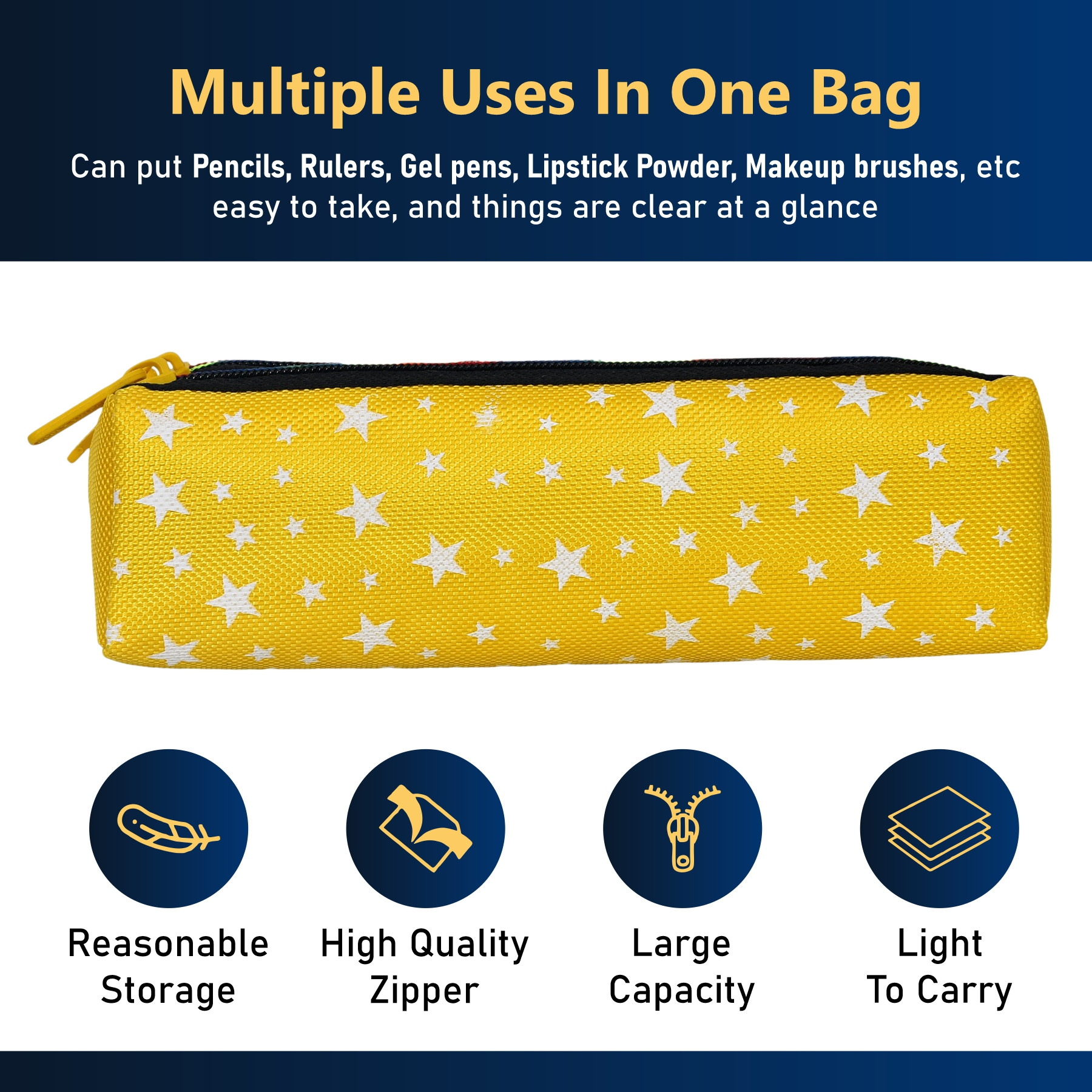 Kuber Industries Pencil Pouch  Rexine Stationary Pouch  Pencil Utility Pouch  School Pencil Case for Kids  Pen-Pencil Box for Kids  2 Zipper Pencil Organizer  Star Pencil Pouch  Pack of 2  Yellow