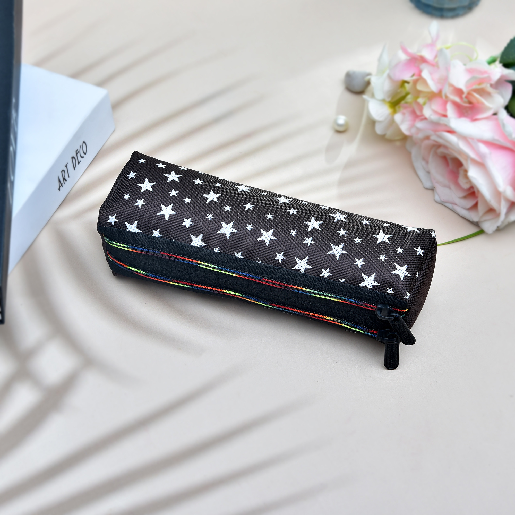 Kuber Industries Pencil Pouch  Rexine Stationary Pouch  Pencil Utility Pouch  School Pencil Case for Kids  Pen-Pencil Box for Kids  2 Zipper Pencil Organizer  Star Pencil Pouch  Pack of 2  Black