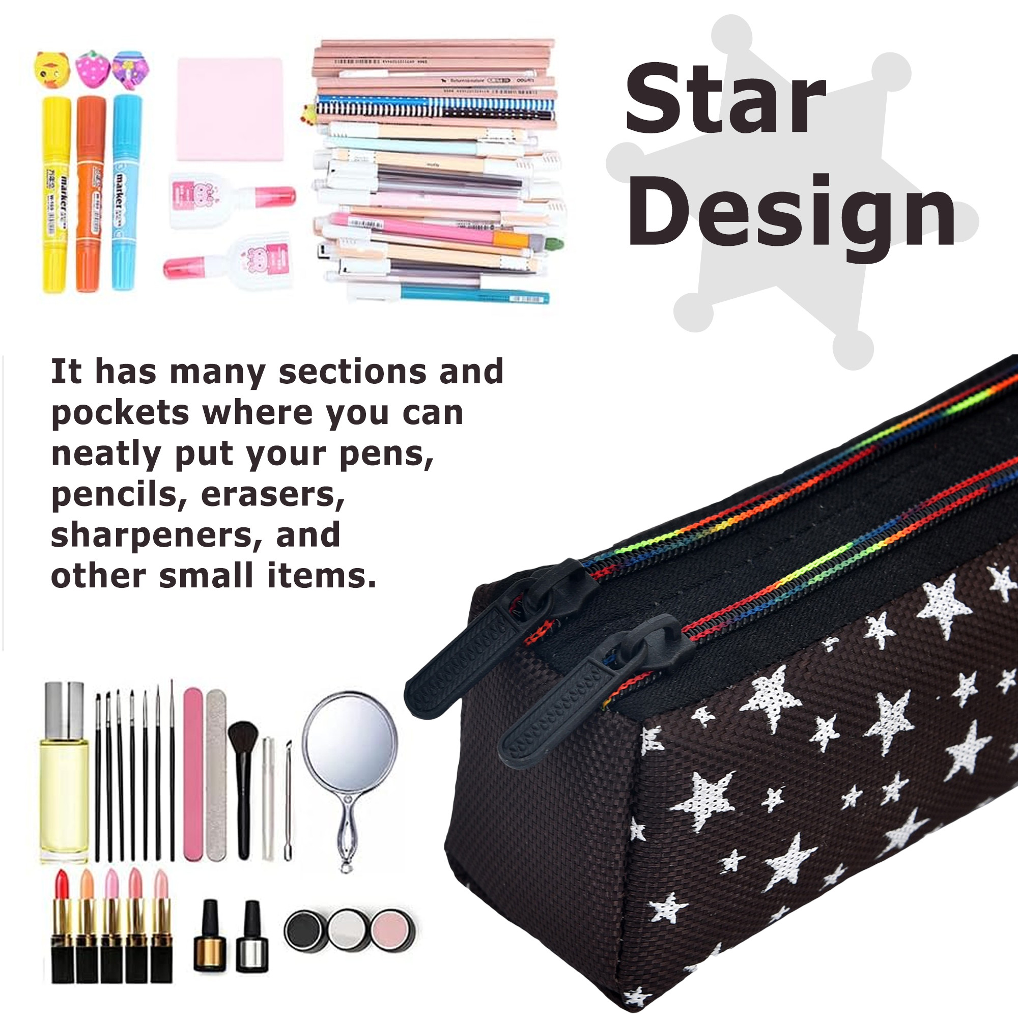 Kuber Industries Pencil Pouch | Rexine Stationary Pouch | Pencil Utility Pouch | School Pencil Case for Kids | Pen-Pencil Box for Kids | 2 Zipper Pencil Organizer | Star Pencil Pouch |Black