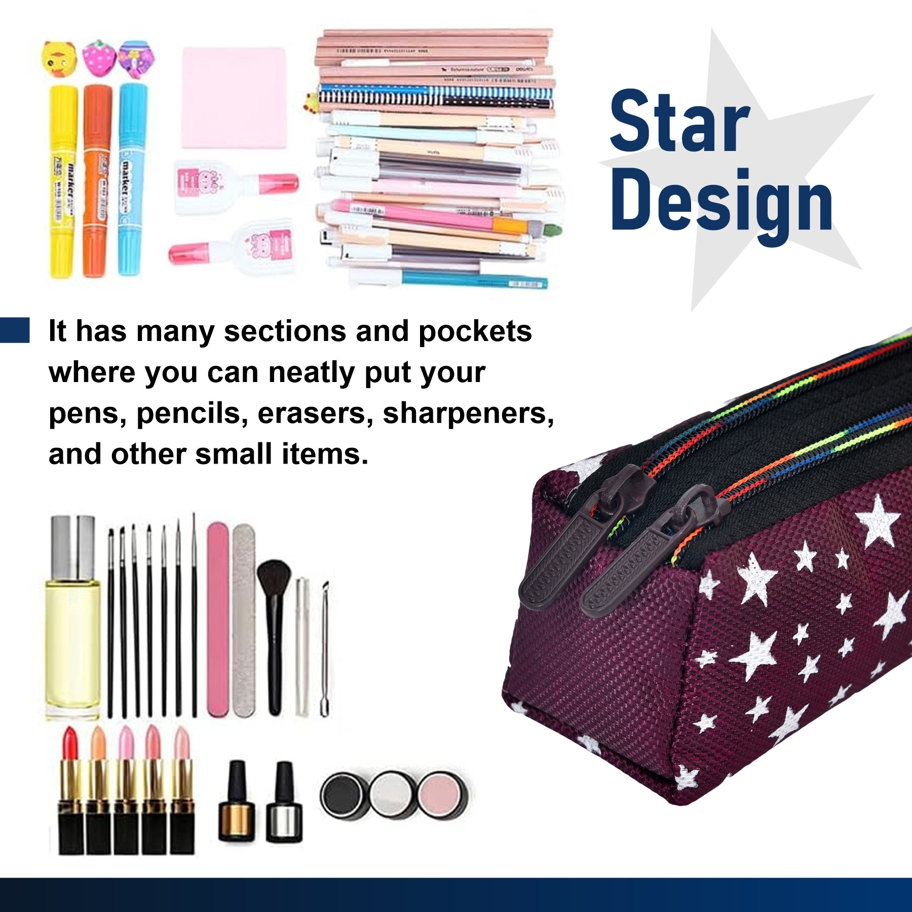 Kuber Industries Pencil Pouch | Rexine Stationary Pouch | Pencil Utility Pouch | School Pencil Case for Kids | Pen-Pencil Box for Kids | 2 Zipper Pencil Organizer | Star Pencil Pouch |Maroon