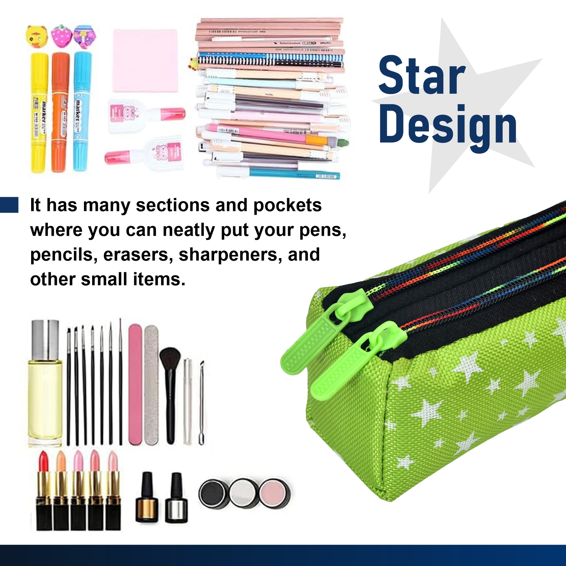 Kuber Industries Pencil Pouch | Rexine Stationary Pouch | Pencil Utility Pouch | School Pencil Case for Kids | Pen-Pencil Box for Kids | 2 Zipper Pencil Organizer | Star Pencil Pouch |Green