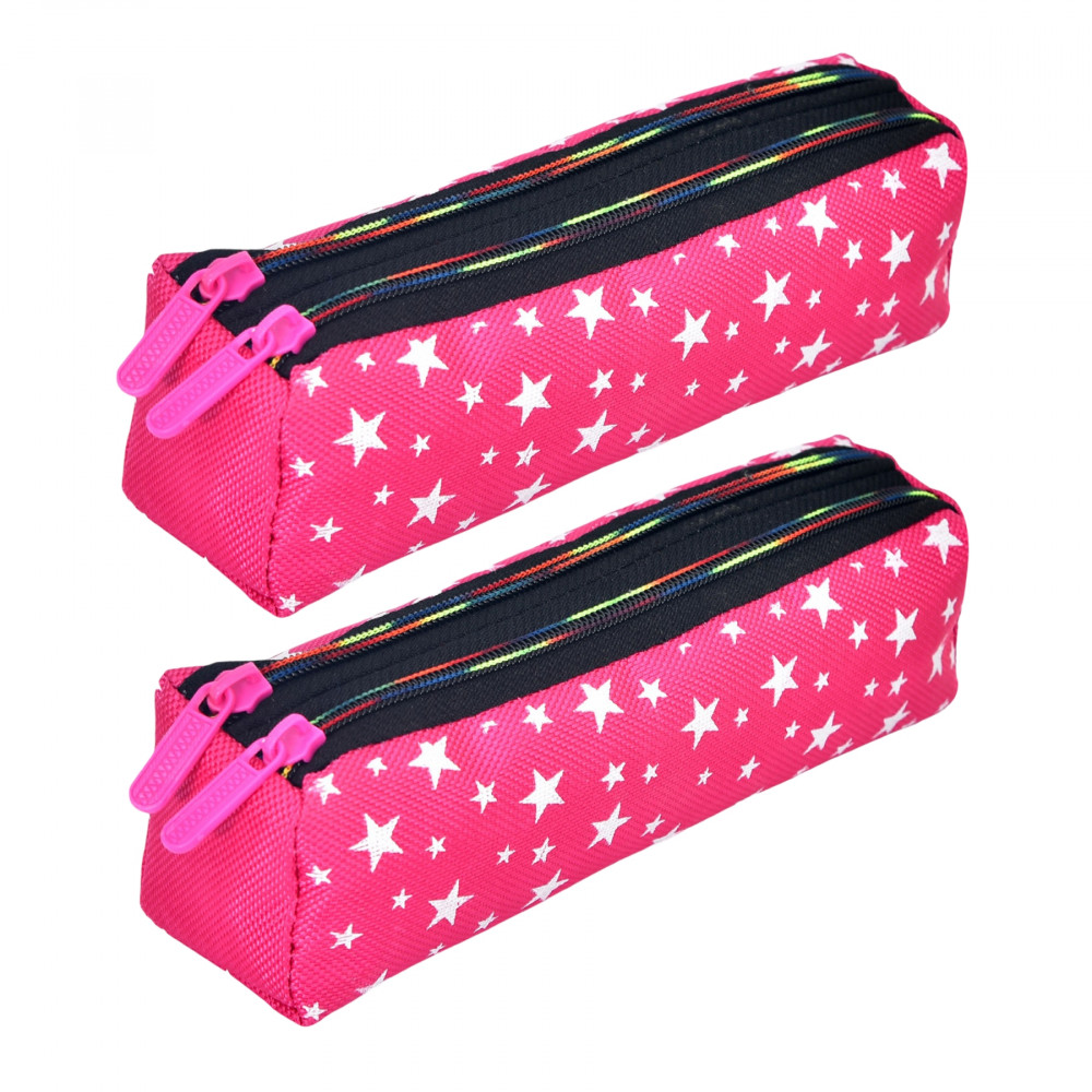 Kuber Industries Pencil Pouch | Rexine Stationary Pouch | Pencil Utility Pouch | School Pencil Case for Kids | Pen-Pencil Box for Kids | 2 Zipper Pencil Organizer | Star Pencil Pouch |Pink