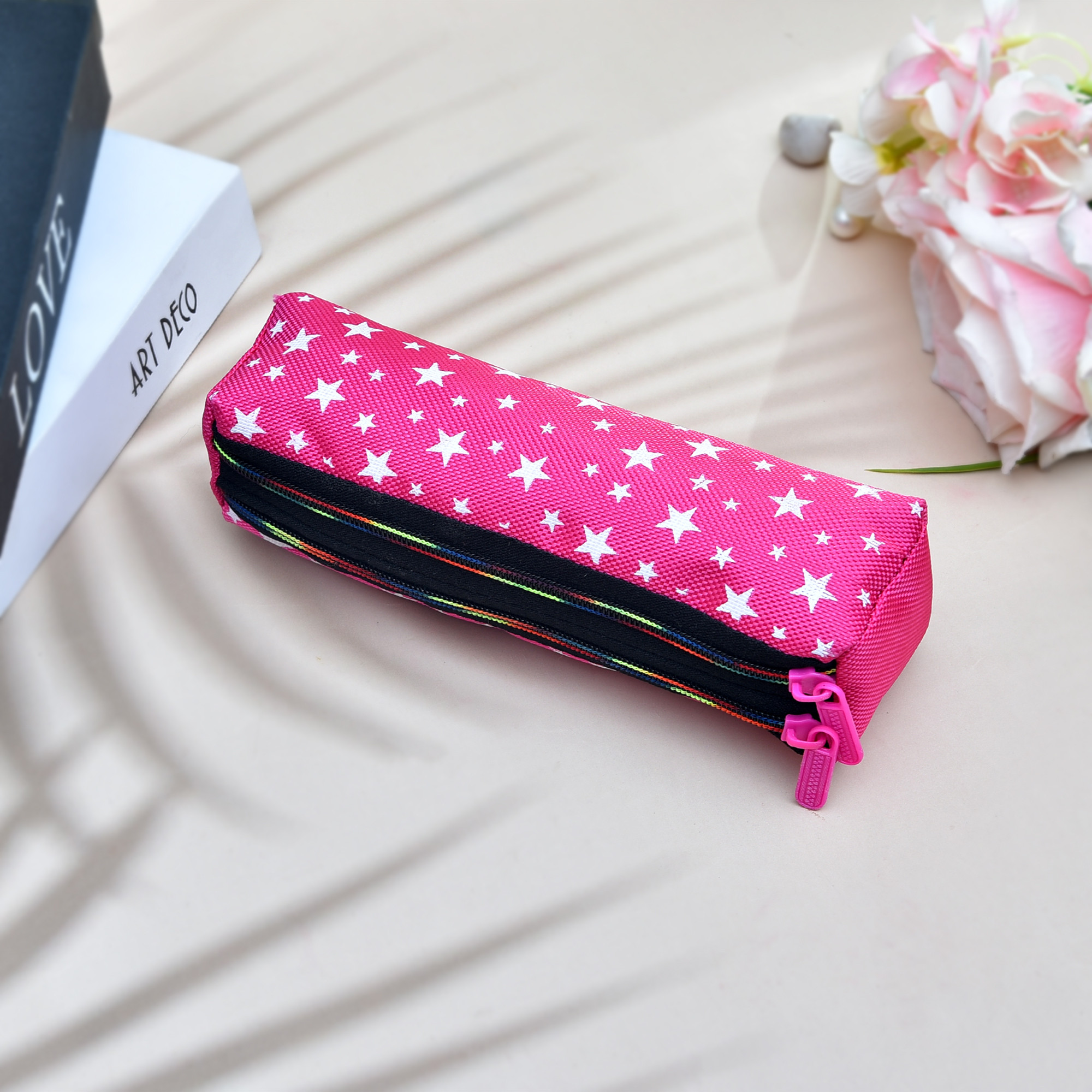 Kuber Industries Pencil Pouch | Rexine Stationary Pouch | Pencil Utility Pouch | School Pencil Case for Kids | Pen-Pencil Box for Kids | 2 Zipper Pencil Organizer | Star Pencil Pouch |Pink