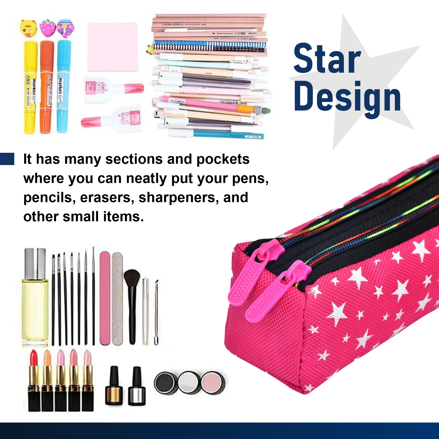 Kuber Industries Pencil Pouch | Rexine Stationary Pouch | Pencil Utility Pouch | School Pencil Case for Kids | Pen-Pencil Box for Kids | 2 Zipper Pencil Organizer | Star Pencil Pouch |Pink