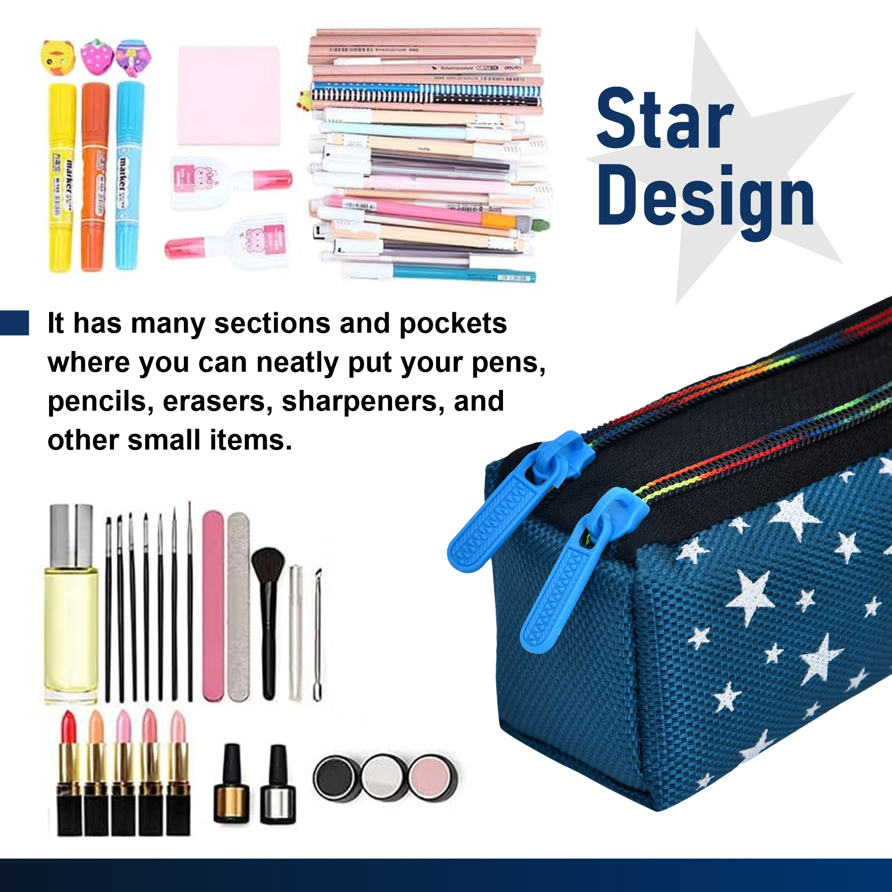 Kuber Industries Pencil Pouch | Rexine Stationary Pouch | Pencil Utility Pouch | School Pencil Case for Kids | Pen-Pencil Box for Kids | 2 Zipper Pencil Organizer | Star Pencil Pouch |Blue