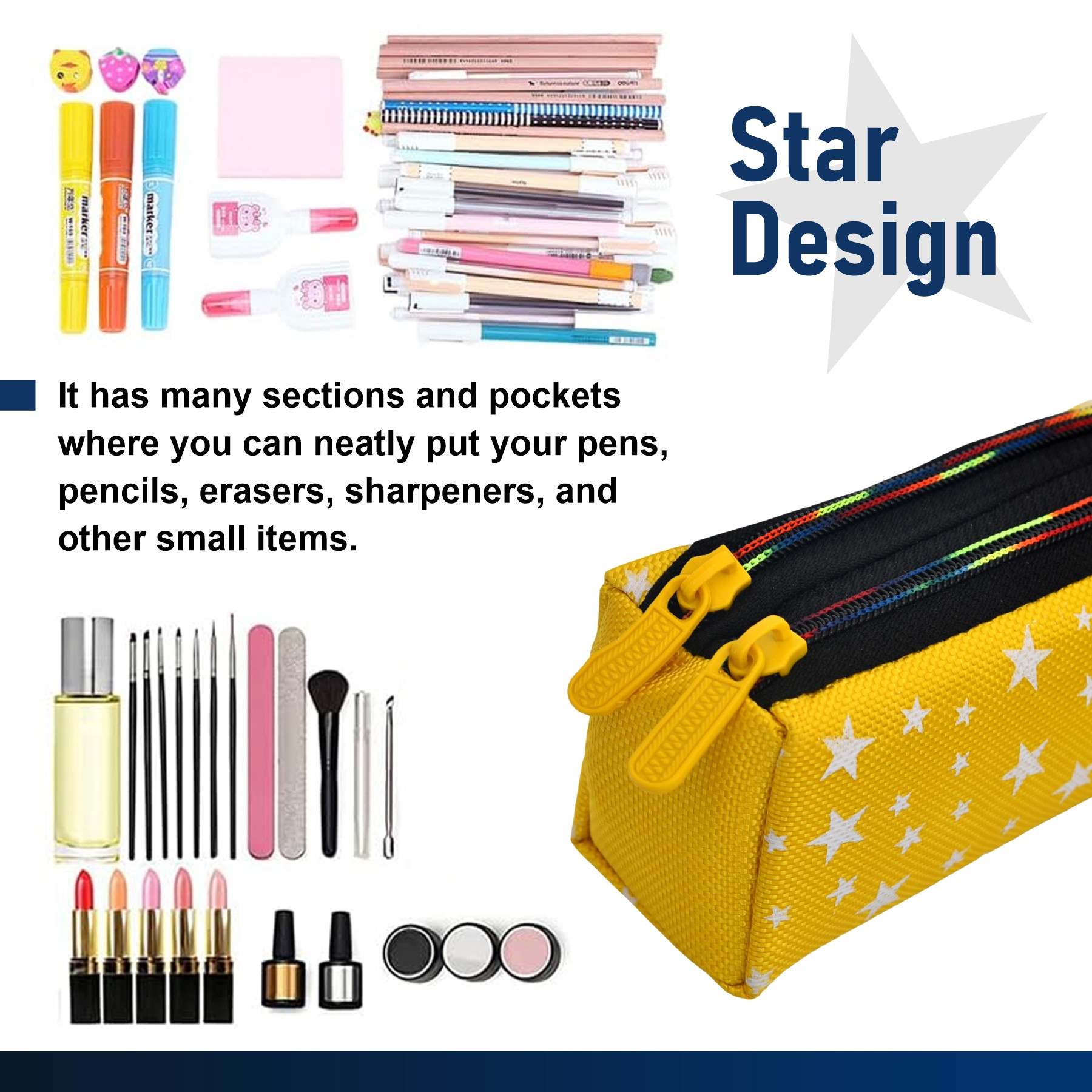 Kuber Industries Pencil Pouch | Rexine Stationary Pouch | Pencil Utility Pouch | School Pencil Case for Kids | Pen-Pencil Box for Kids | 2 Zipper Pencil Organizer | Star Pencil Pouch |Yellow