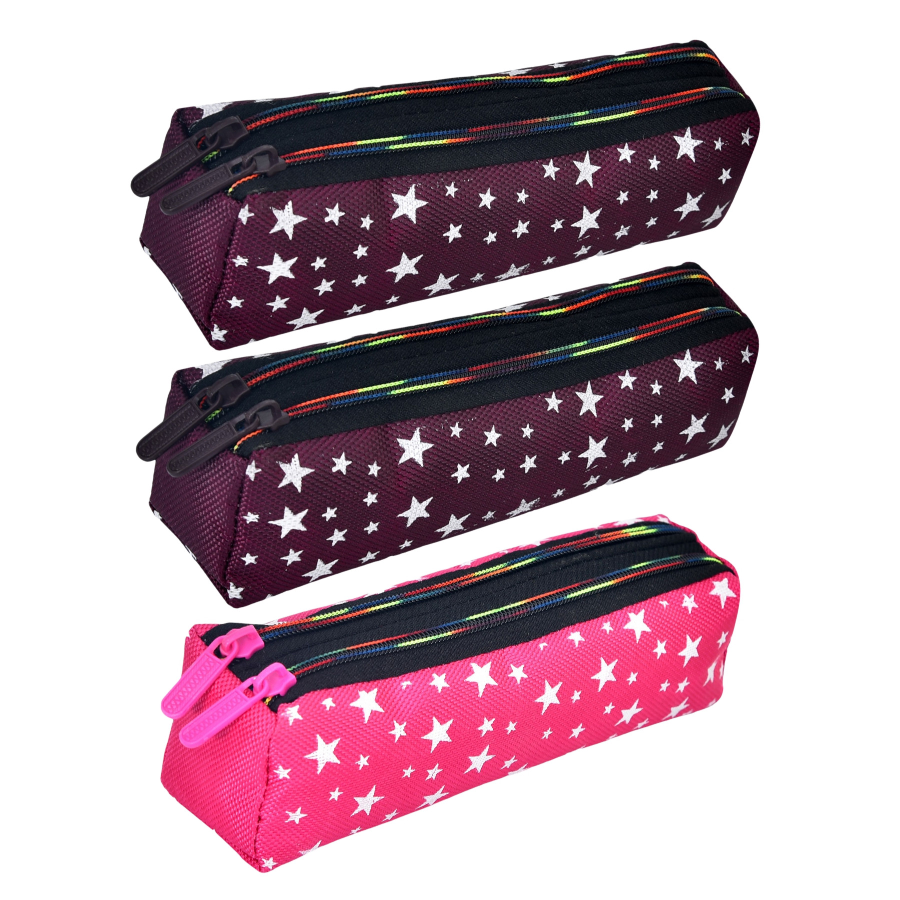 Kuber Industries Pencil Pouch | Rexine Stationary Pouch | Pencil Utility Pouch | School Pencil Case for Kids | Pen-Pencil Box for Kids | 2 Zipper Pencil Organizer | Star Pencil Pouch | Pack of 3 | Multi