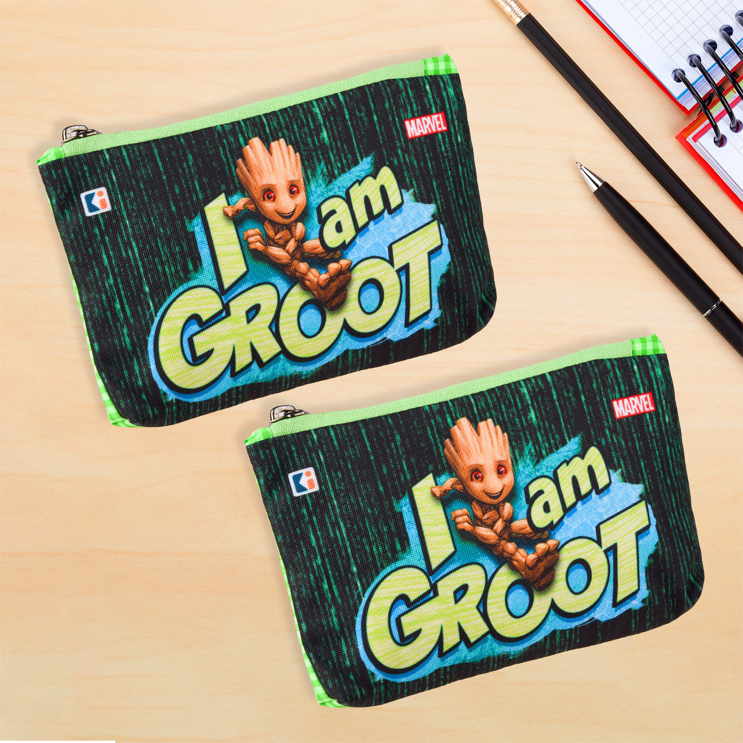 Kuber Industries Pencil Pouch | Square Stationary Pouch | Pen-Pencil Box for Kids | School Geometry Pouch | Pencil Utility Bag | Zipper Pencil Organizer | Marvel I am Groot | Green