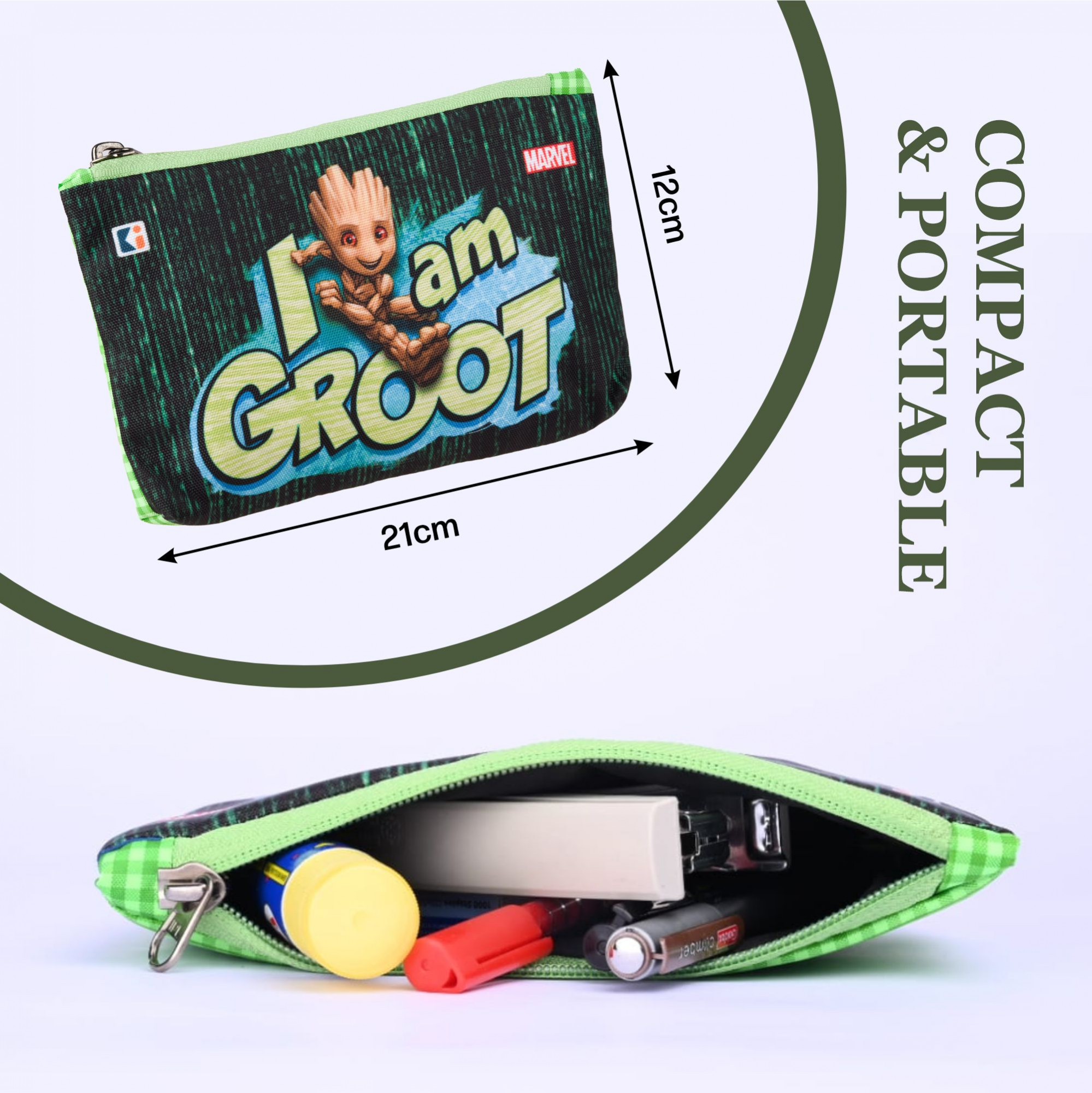 Kuber Industries Pencil Pouch | Square Stationary Pouch | Pen-Pencil Box for Kids | School Geometry Pouch | Pencil Utility Bag | Zipper Pencil Organizer | Marvel I am Groot | Green