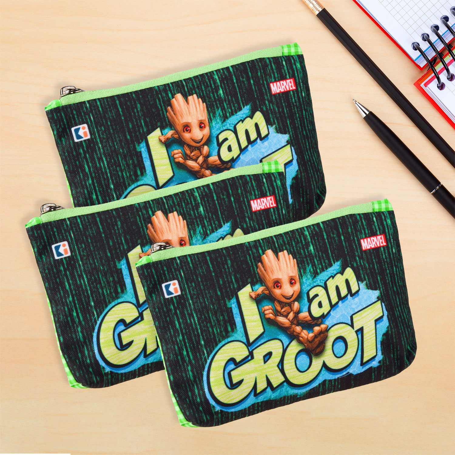 Kuber Industries Pencil Pouch | Square Stationary Pouch | Pen-Pencil Box for Kids | School Geometry Pouch | Pencil Utility Bag | Zipper Pencil Organizer | Marvel I am Groot | Green