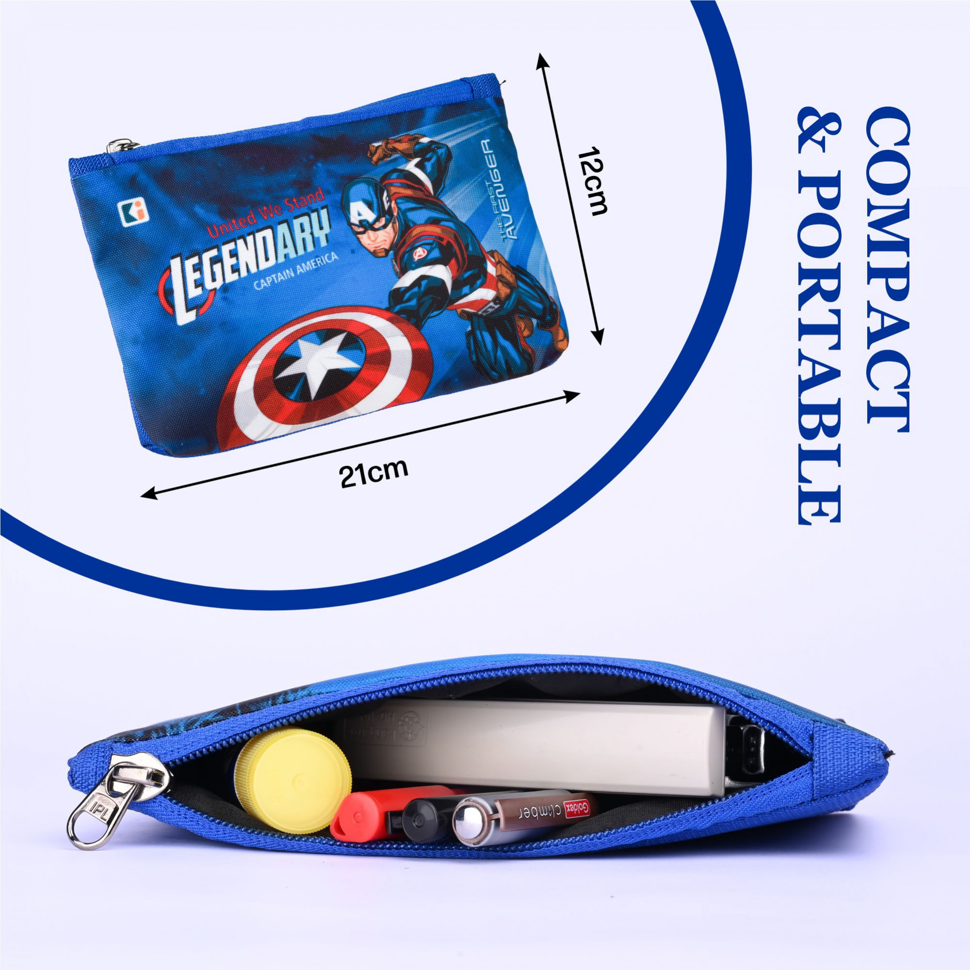 Kuber Industries Pencil Pouch | Square Stationary Pouch | Pen-Pencil Box for Kids | School Geometry Pouch | Pencil Utility Bag | Zipper Pencil Organizer | Marvel Captain America | Royal Blue