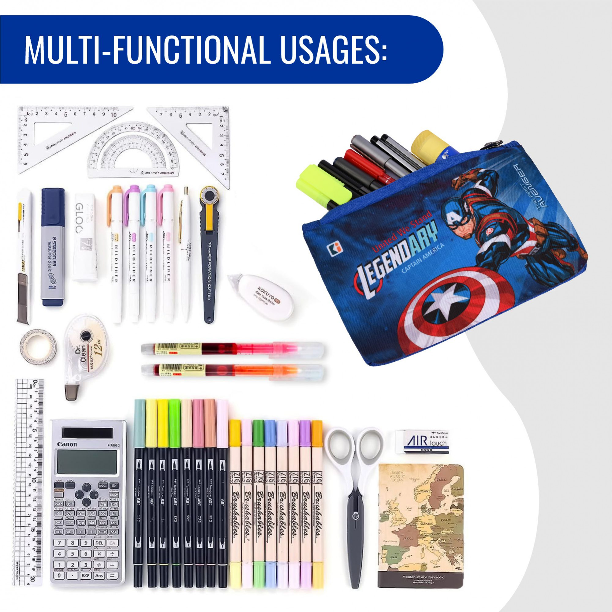 Kuber Industries Pencil Pouch | Square Stationary Pouch | Pen-Pencil Box for Kids | School Geometry Pouch | Pencil Utility Bag | Zipper Pencil Organizer | Marvel Captain America | Royal Blue