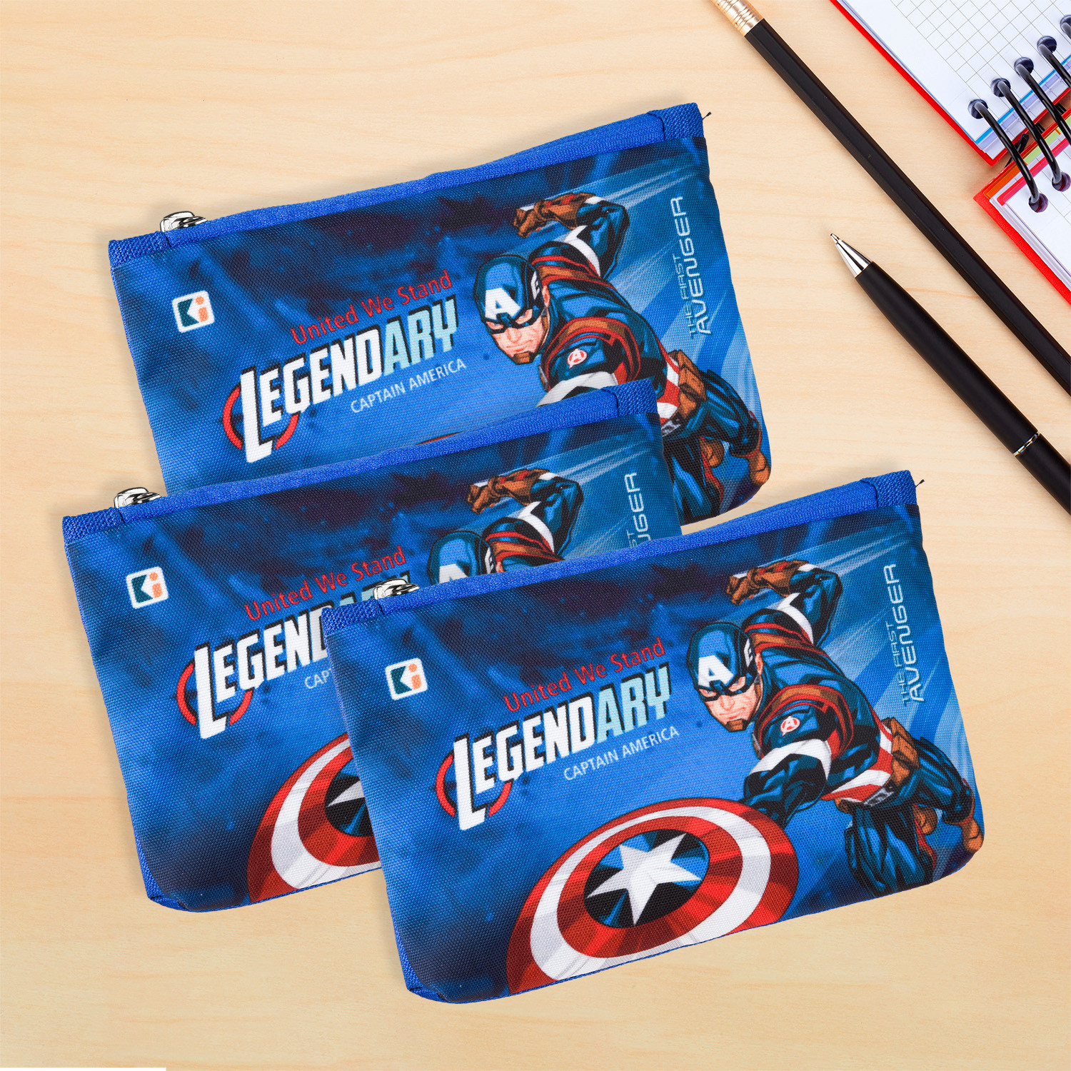 Kuber Industries Pencil Pouch | Square Stationary Pouch | Pen-Pencil Box for Kids | School Geometry Pouch | Pencil Utility Bag | Zipper Pencil Organizer | Marvel Captain America | Royal Blue