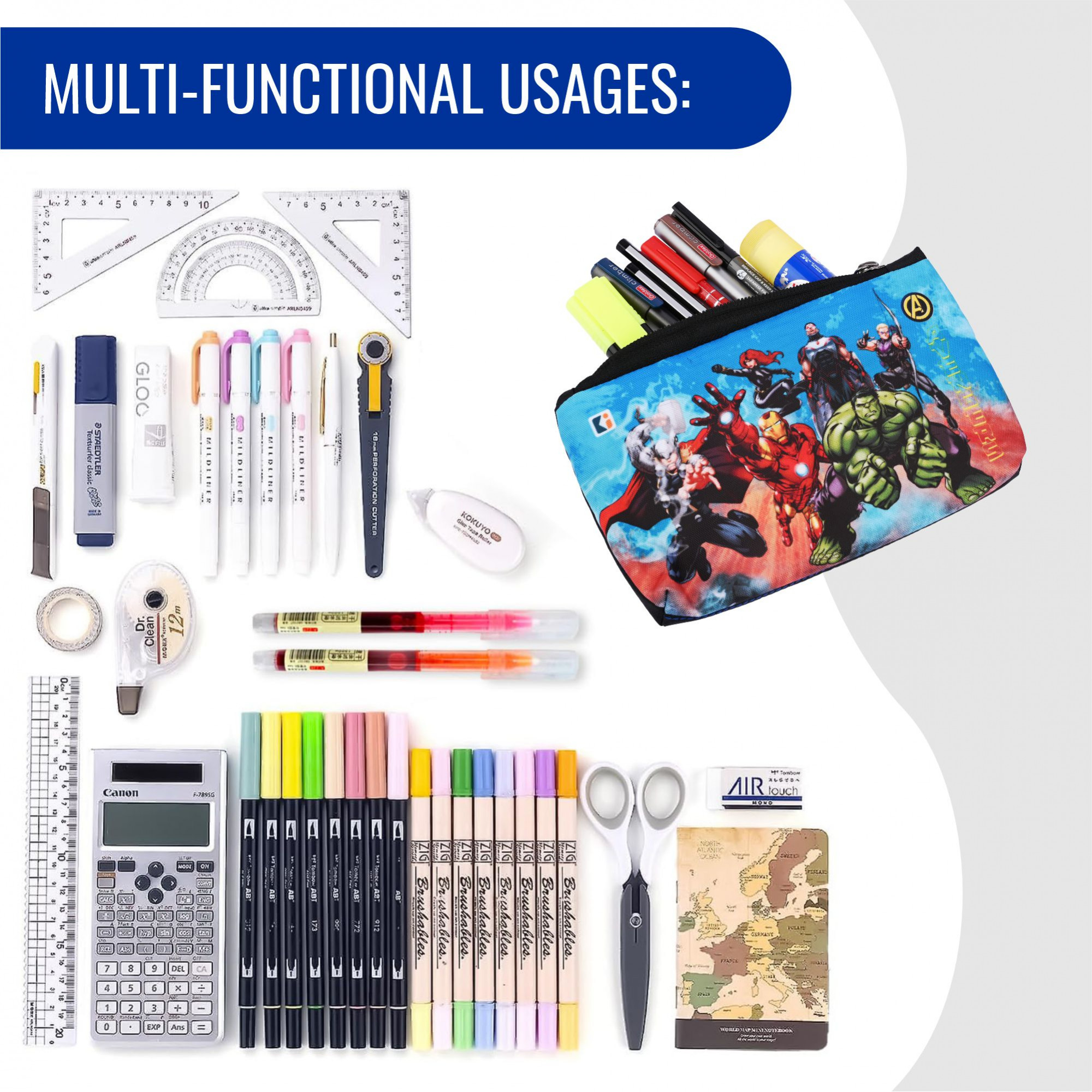 Kuber Industries Pencil Pouch | Square Stationary Pouch | Pen-Pencil Box for Kids | School Geometry Pouch | Pencil Utility Bag | Zipper Pencil Organizer | Marvel Avengers | Black